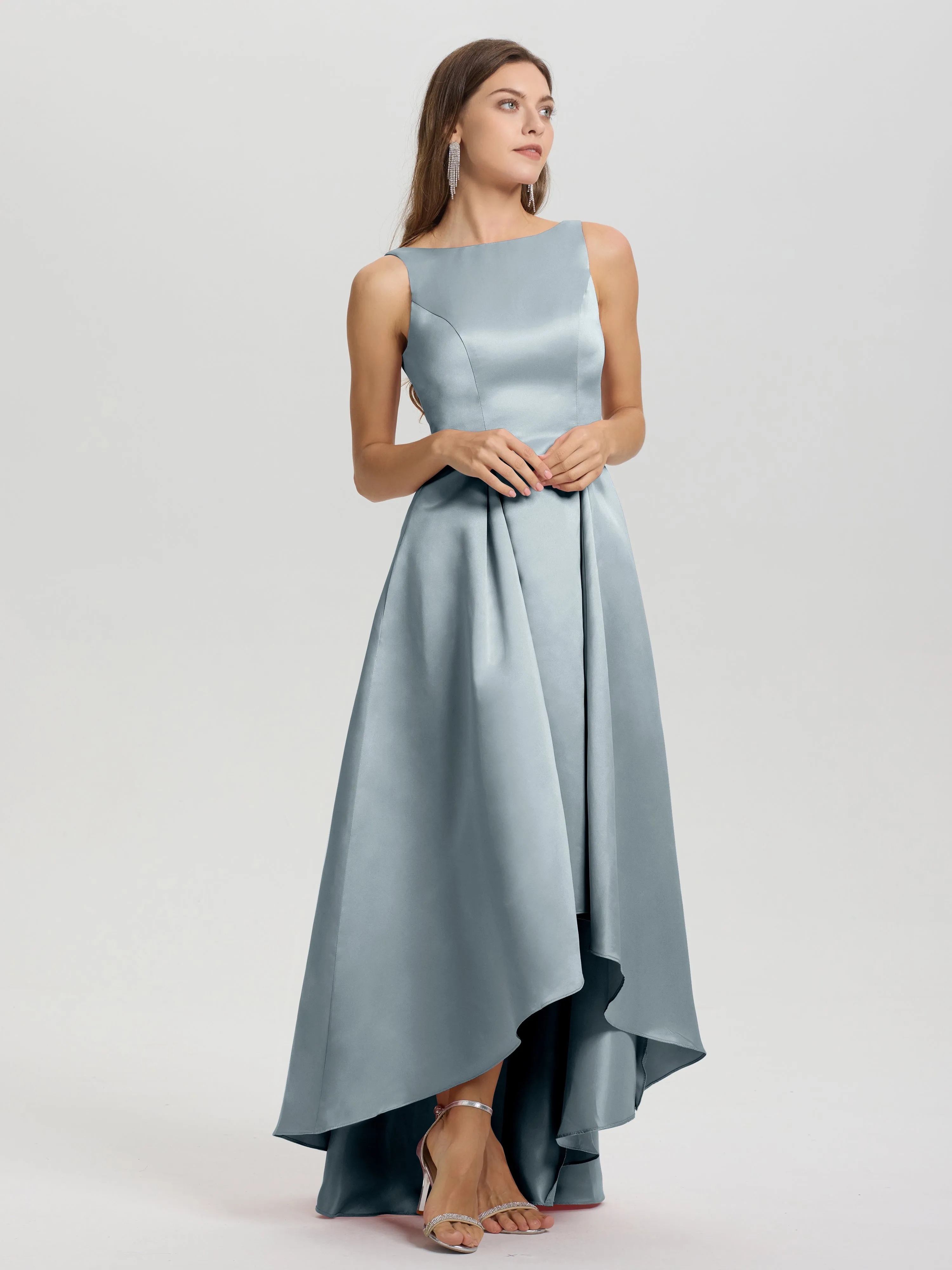 Jewel Sleeveless V-Back Long Satin Bridesmaid Dresses