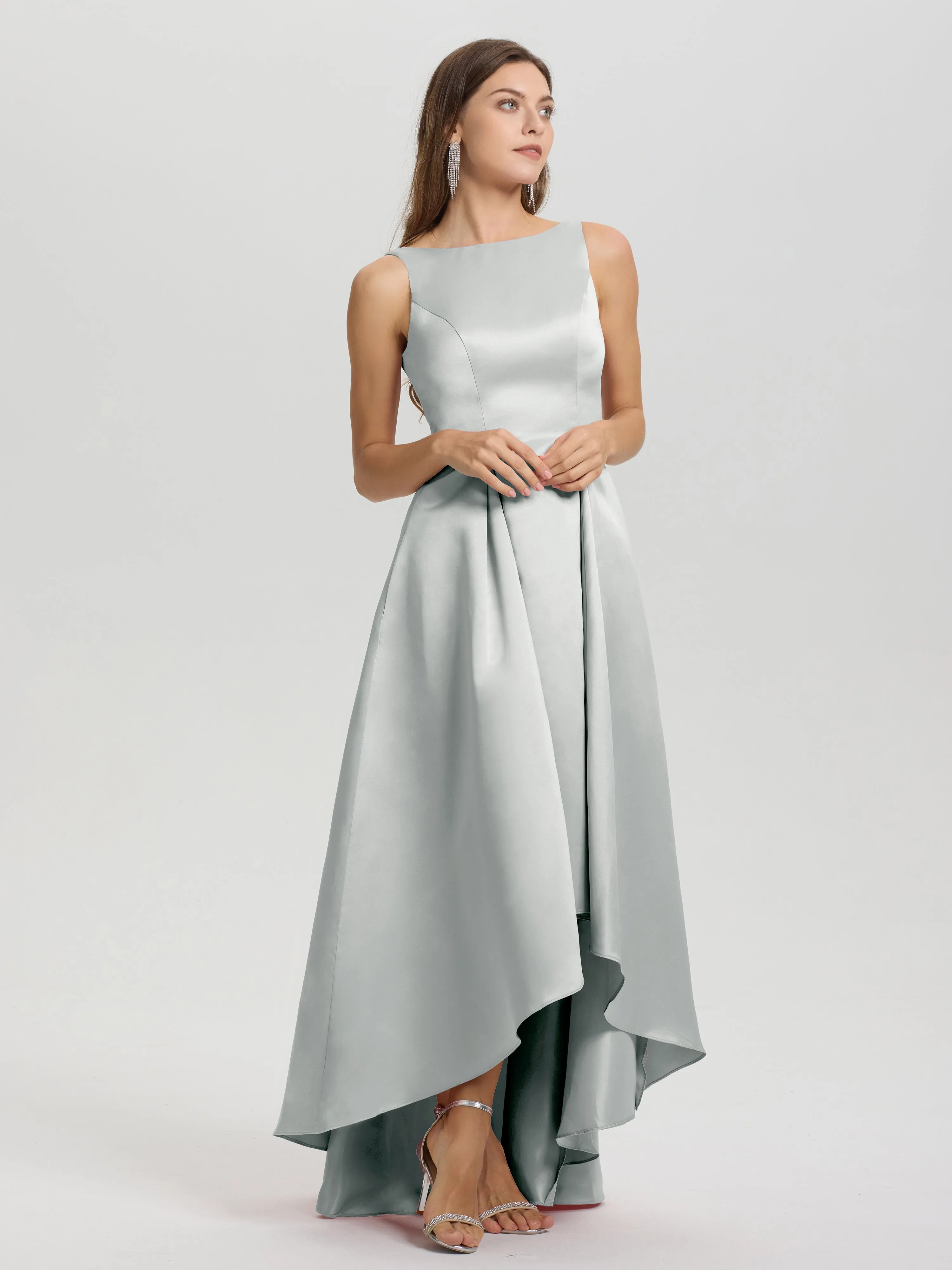 Jewel Sleeveless V-Back Long Satin Bridesmaid Dresses