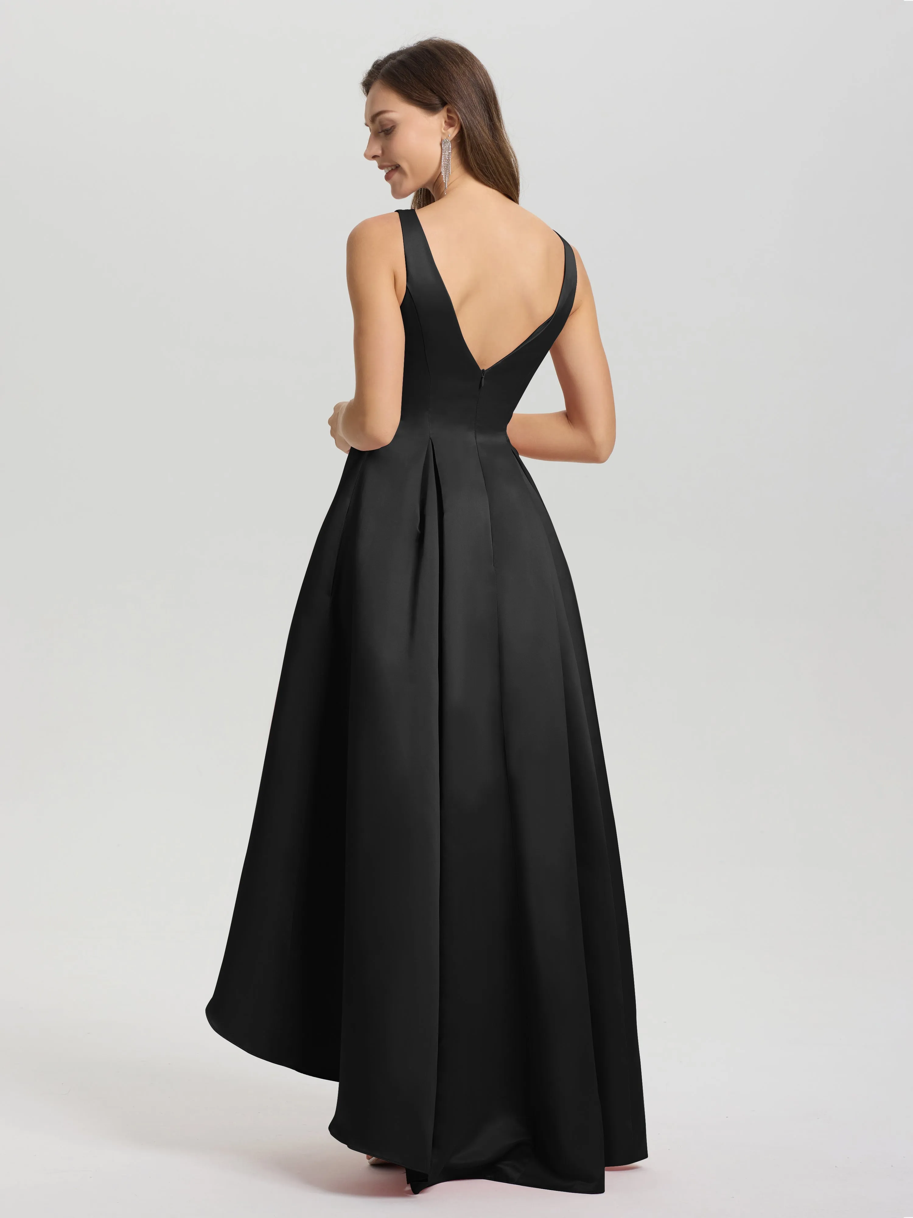 Jewel Sleeveless V-Back Long Satin Bridesmaid Dresses