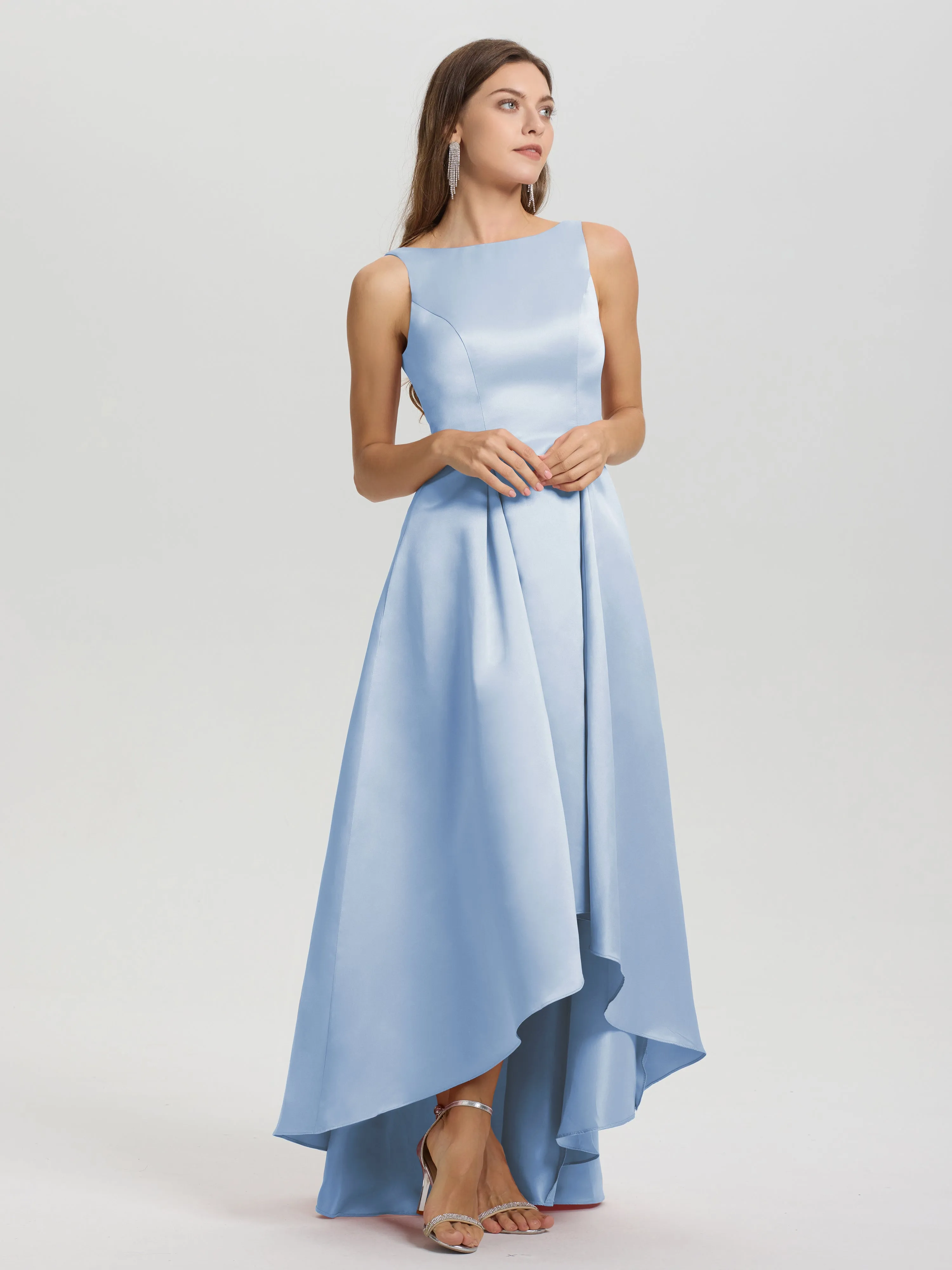 Jewel Sleeveless V-Back Long Satin Bridesmaid Dresses