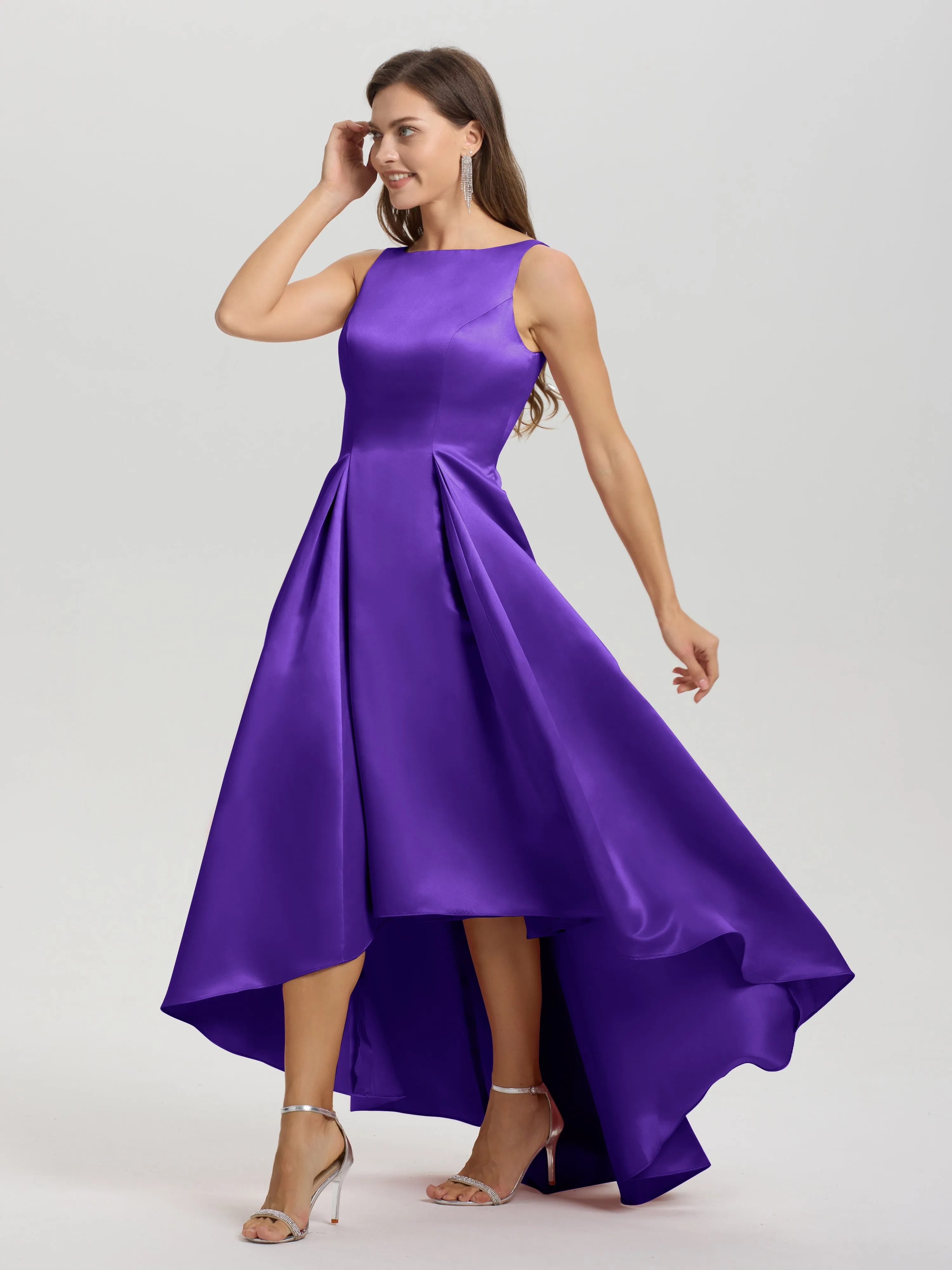 Jewel Sleeveless V-Back Long Satin Bridesmaid Dresses
