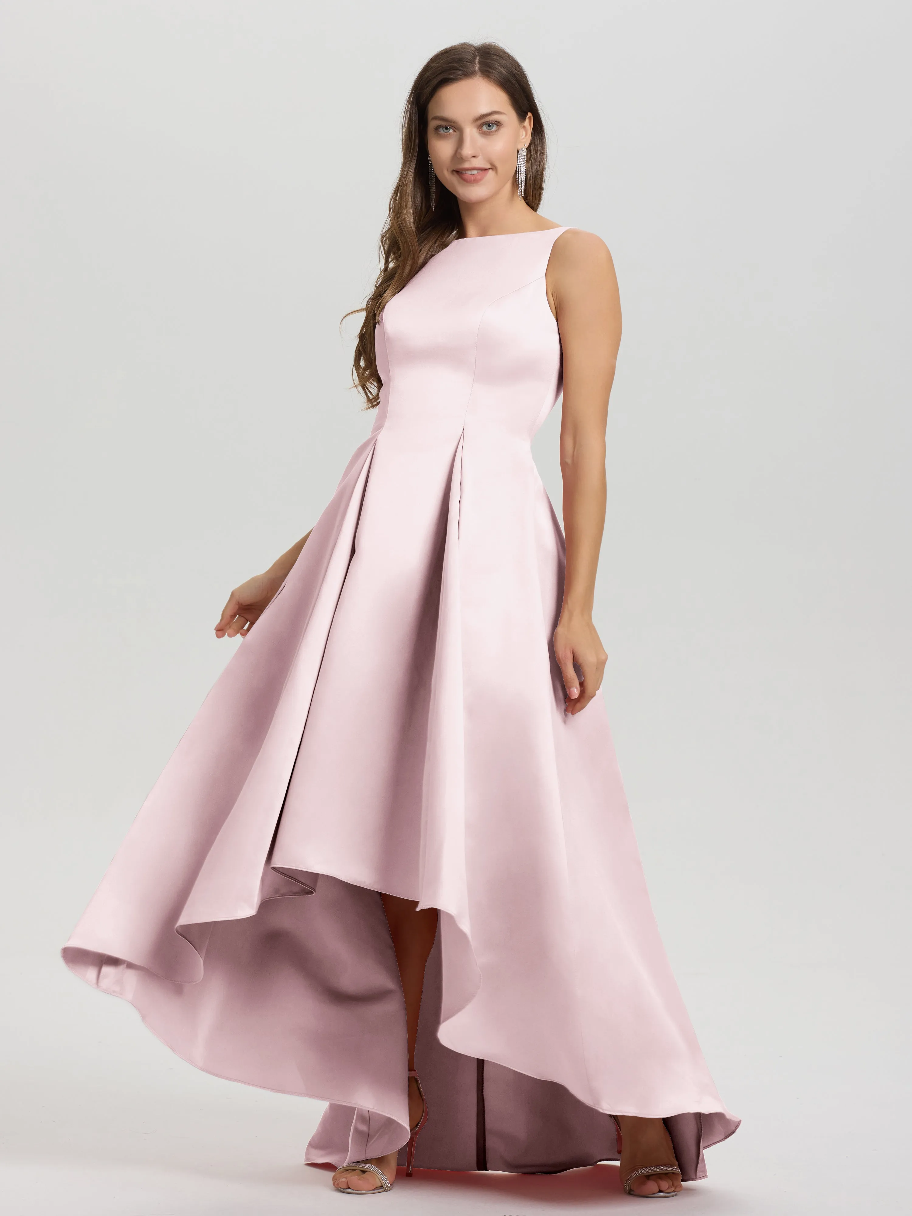 Jewel Sleeveless V-Back Long Satin Bridesmaid Dresses