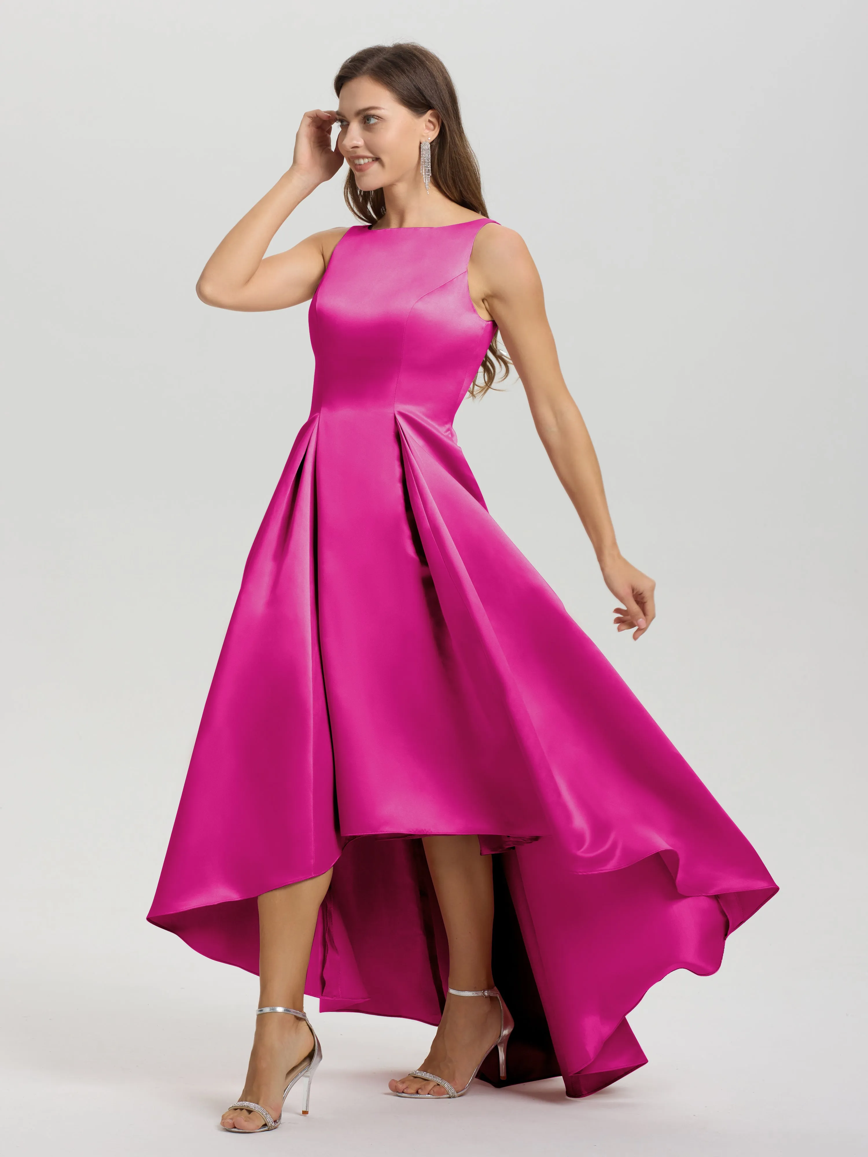 Jewel Sleeveless V-Back Long Satin Bridesmaid Dresses