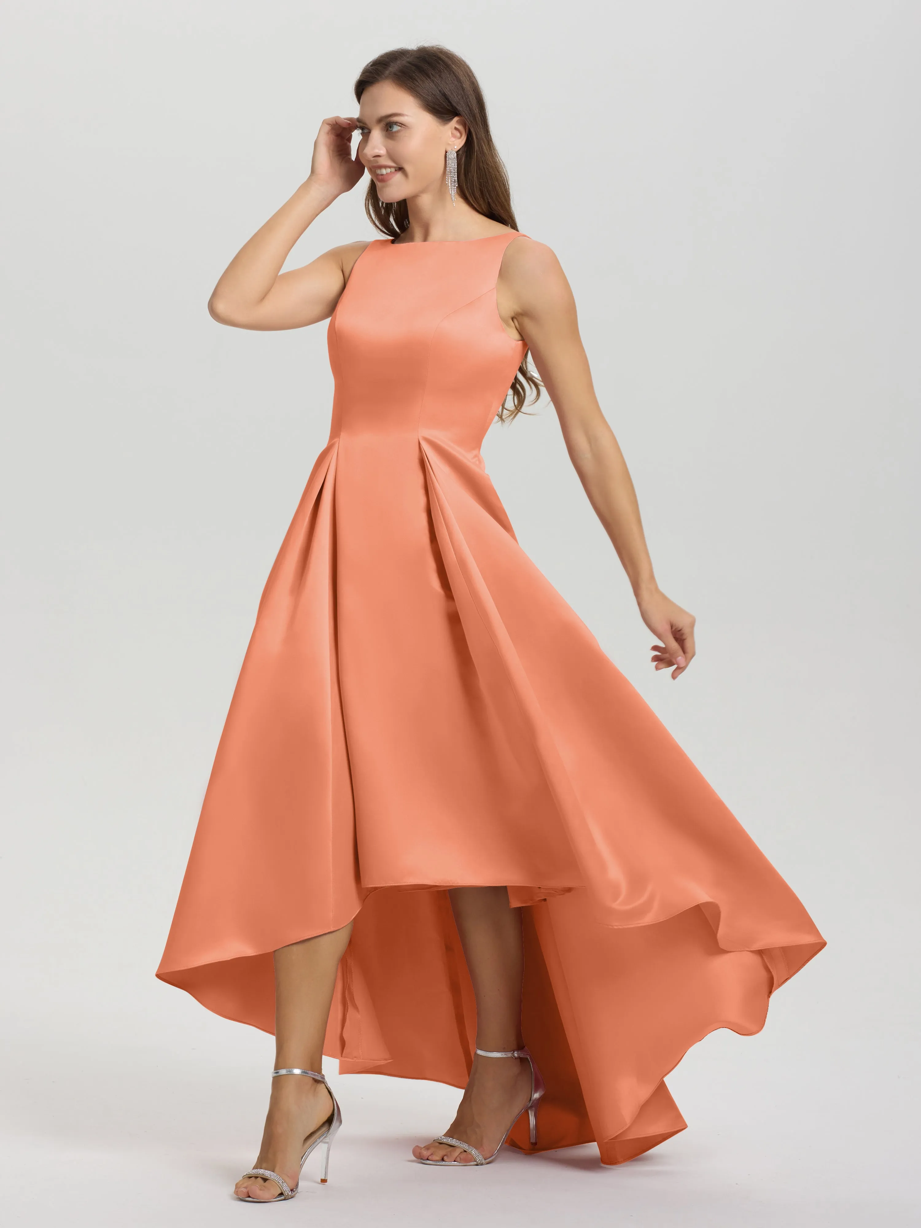 Jewel Sleeveless V-Back Long Satin Bridesmaid Dresses
