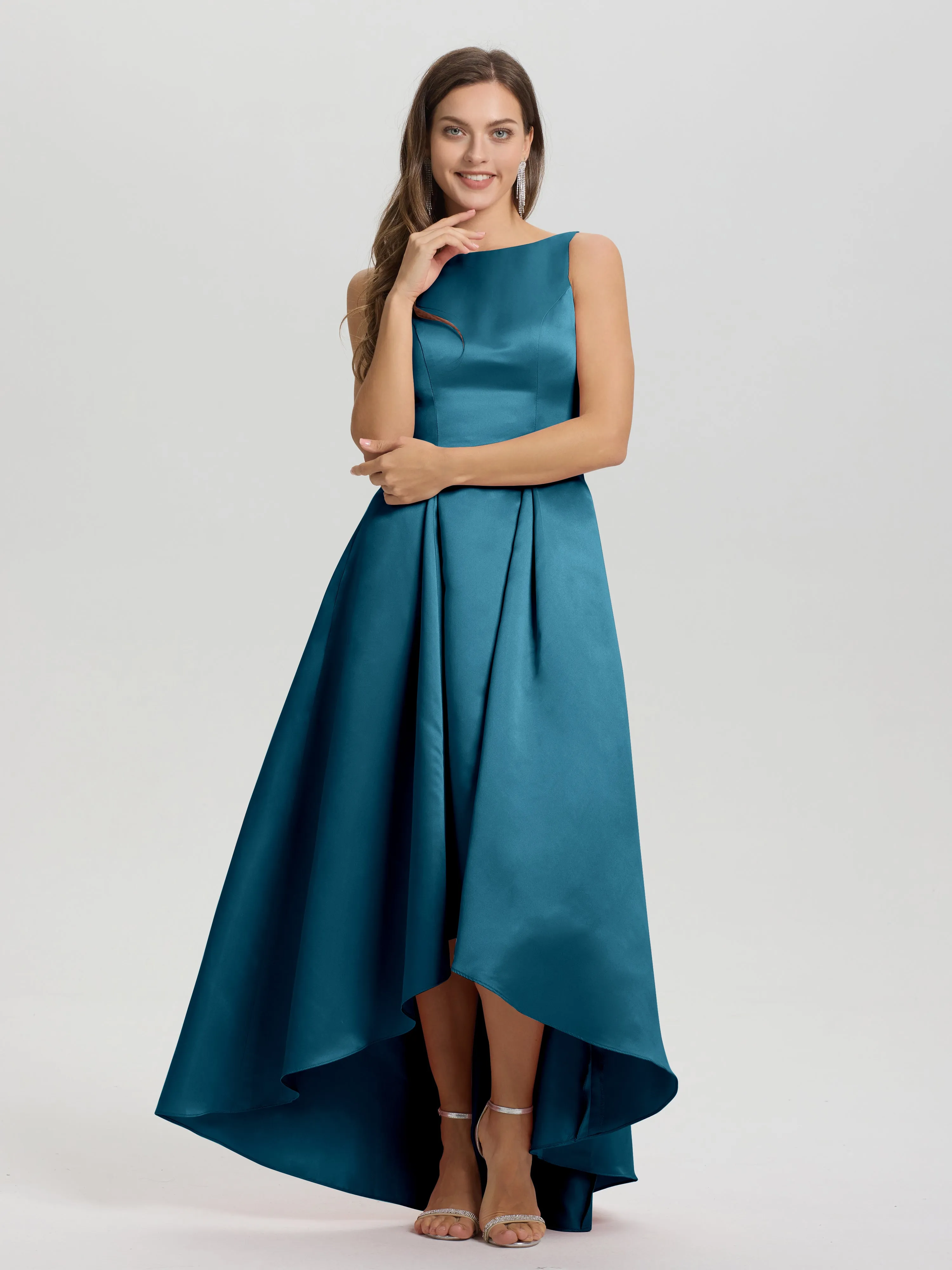 Jewel Sleeveless V-Back Long Satin Bridesmaid Dresses