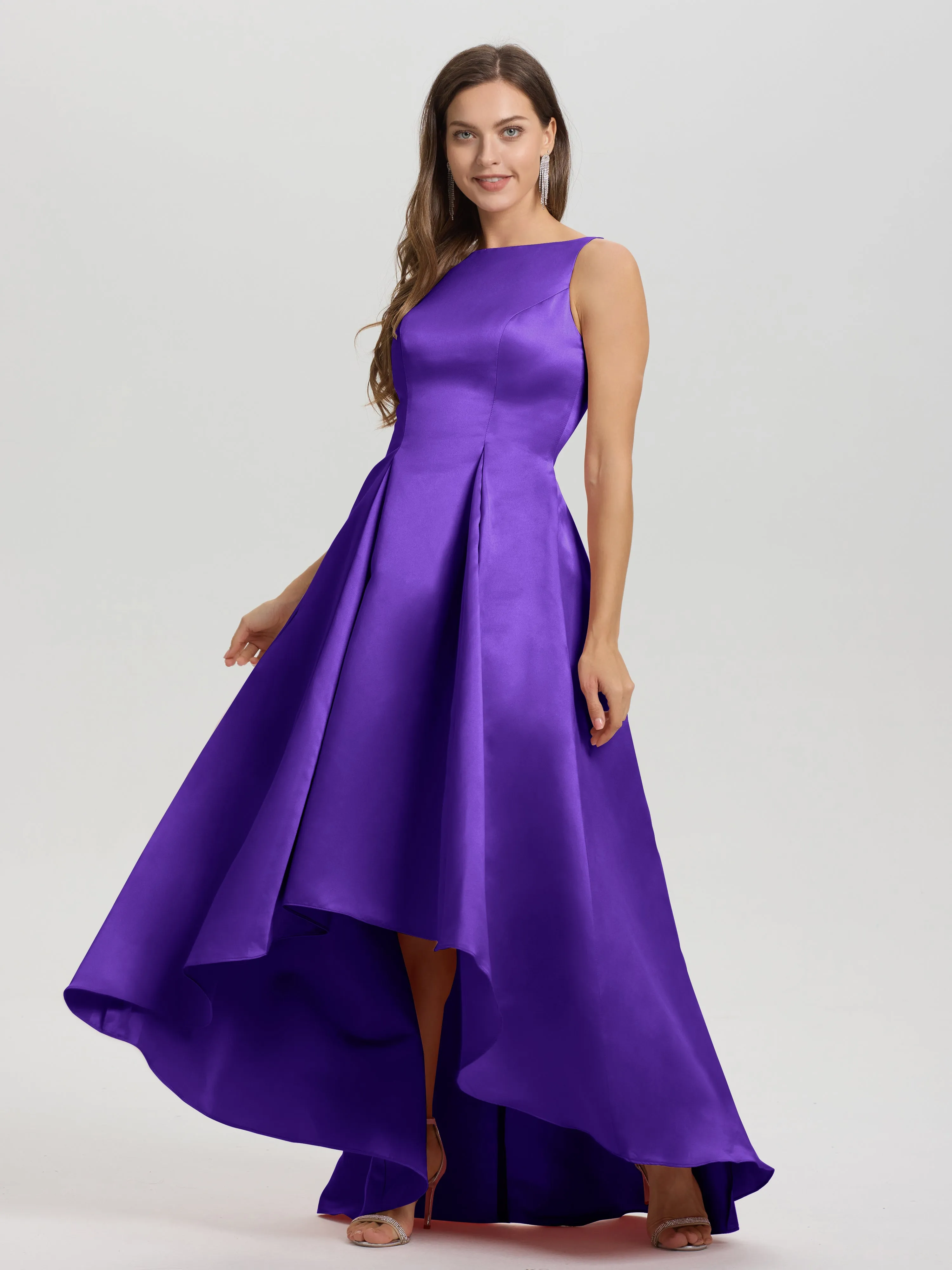 Jewel Sleeveless V-Back Long Satin Bridesmaid Dresses
