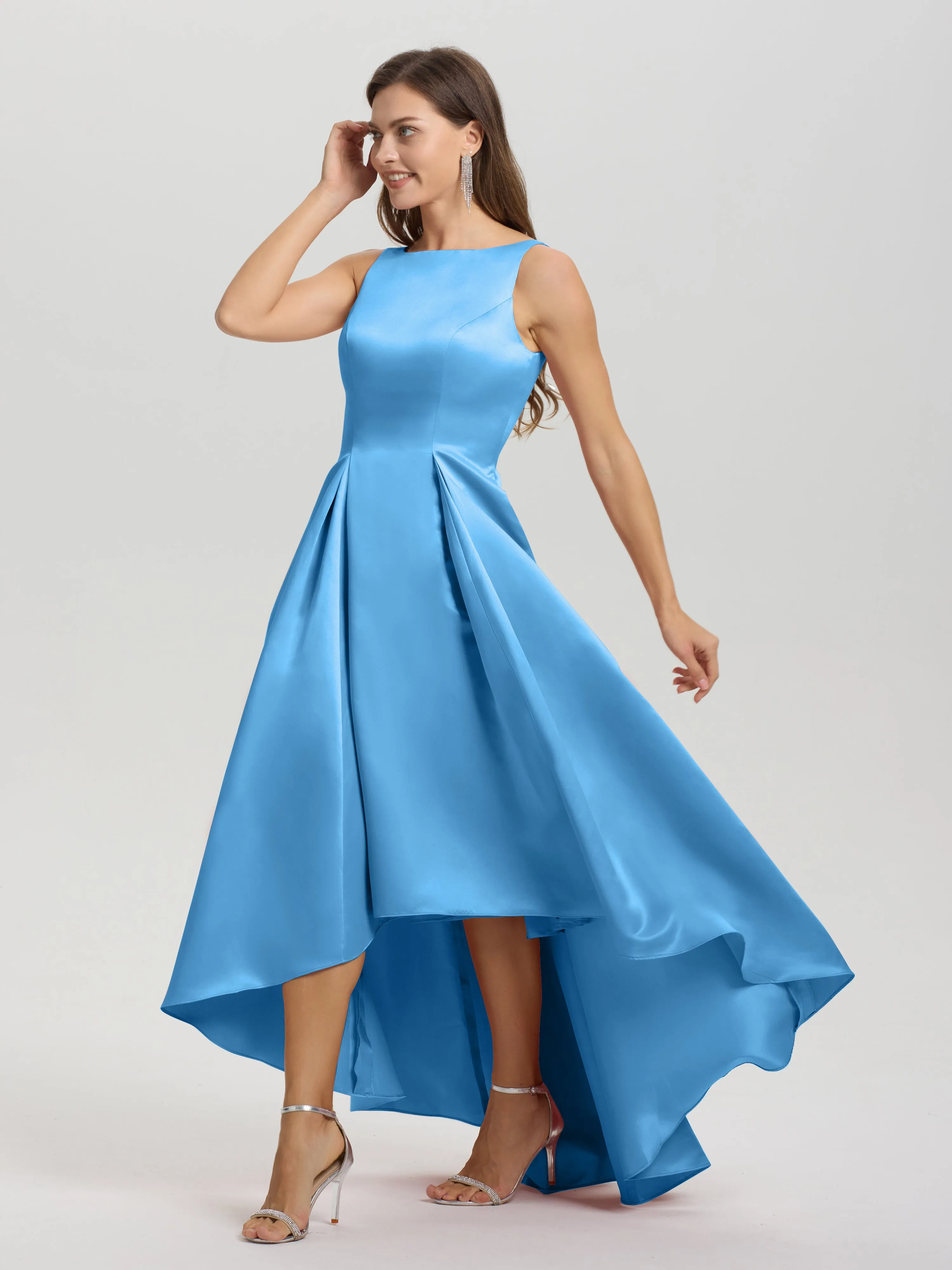 Jewel Sleeveless V-Back Long Satin Bridesmaid Dresses
