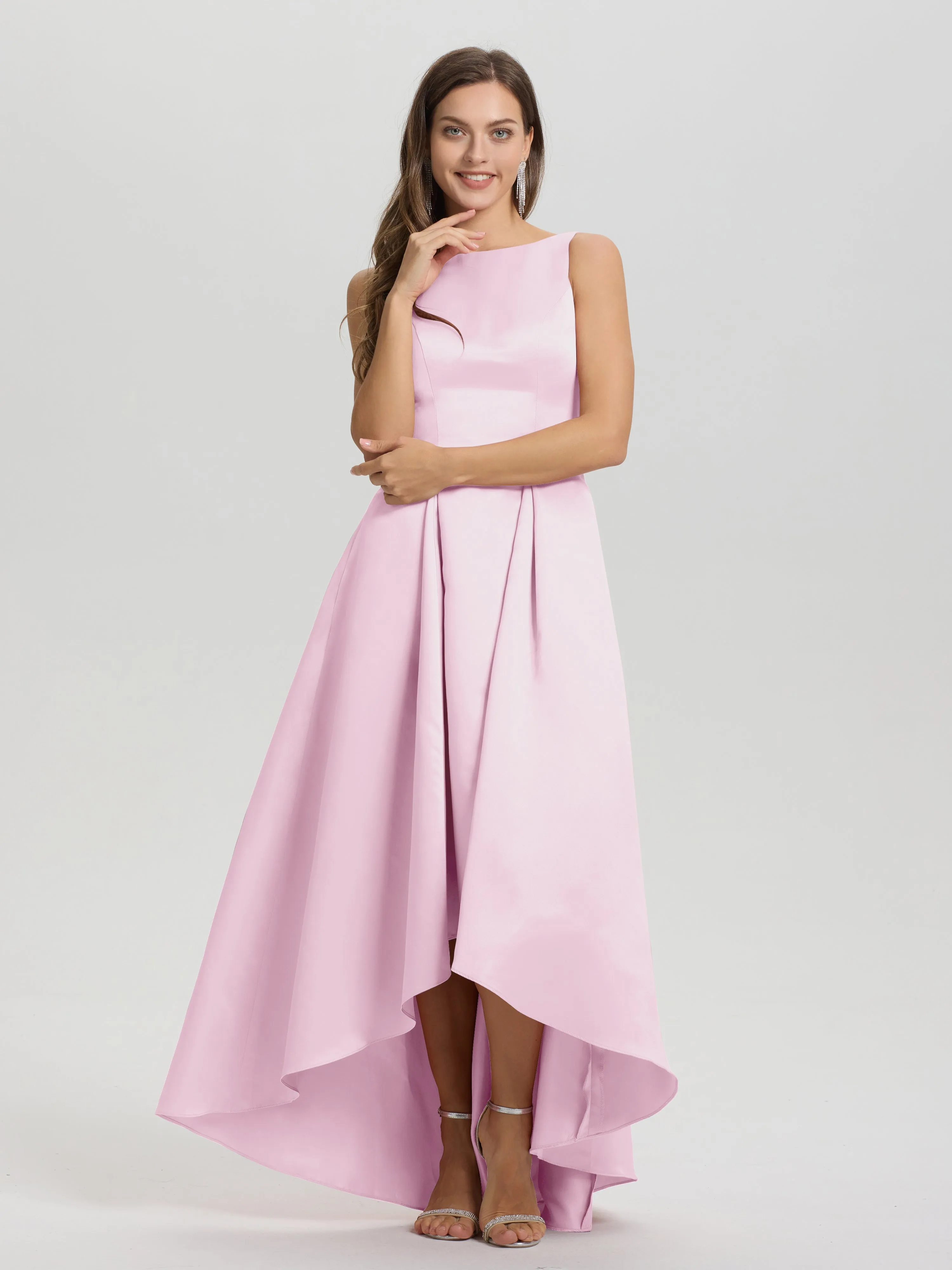 Jewel Sleeveless V-Back Long Satin Bridesmaid Dresses