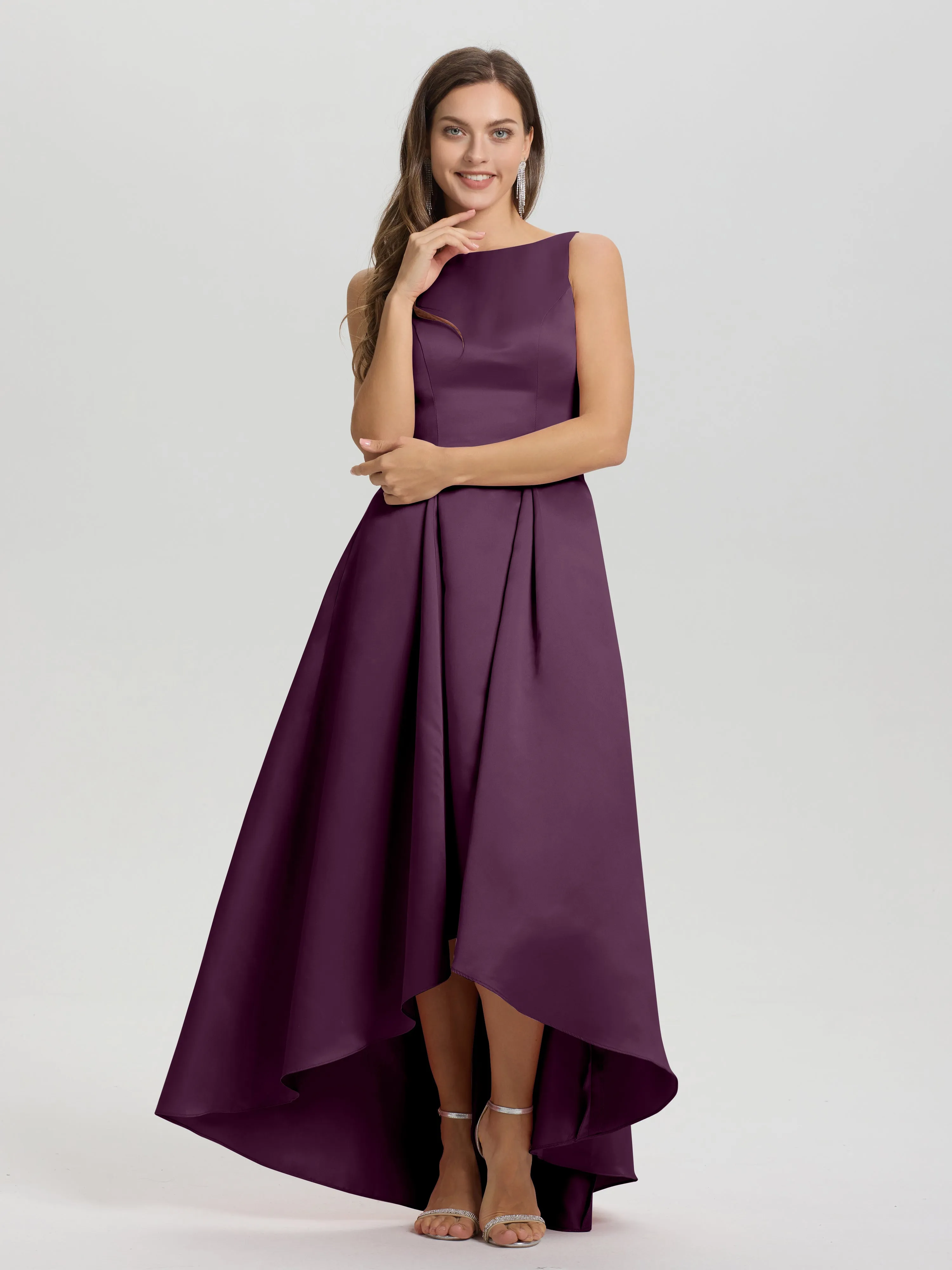 Jewel Sleeveless V-Back Long Satin Bridesmaid Dresses