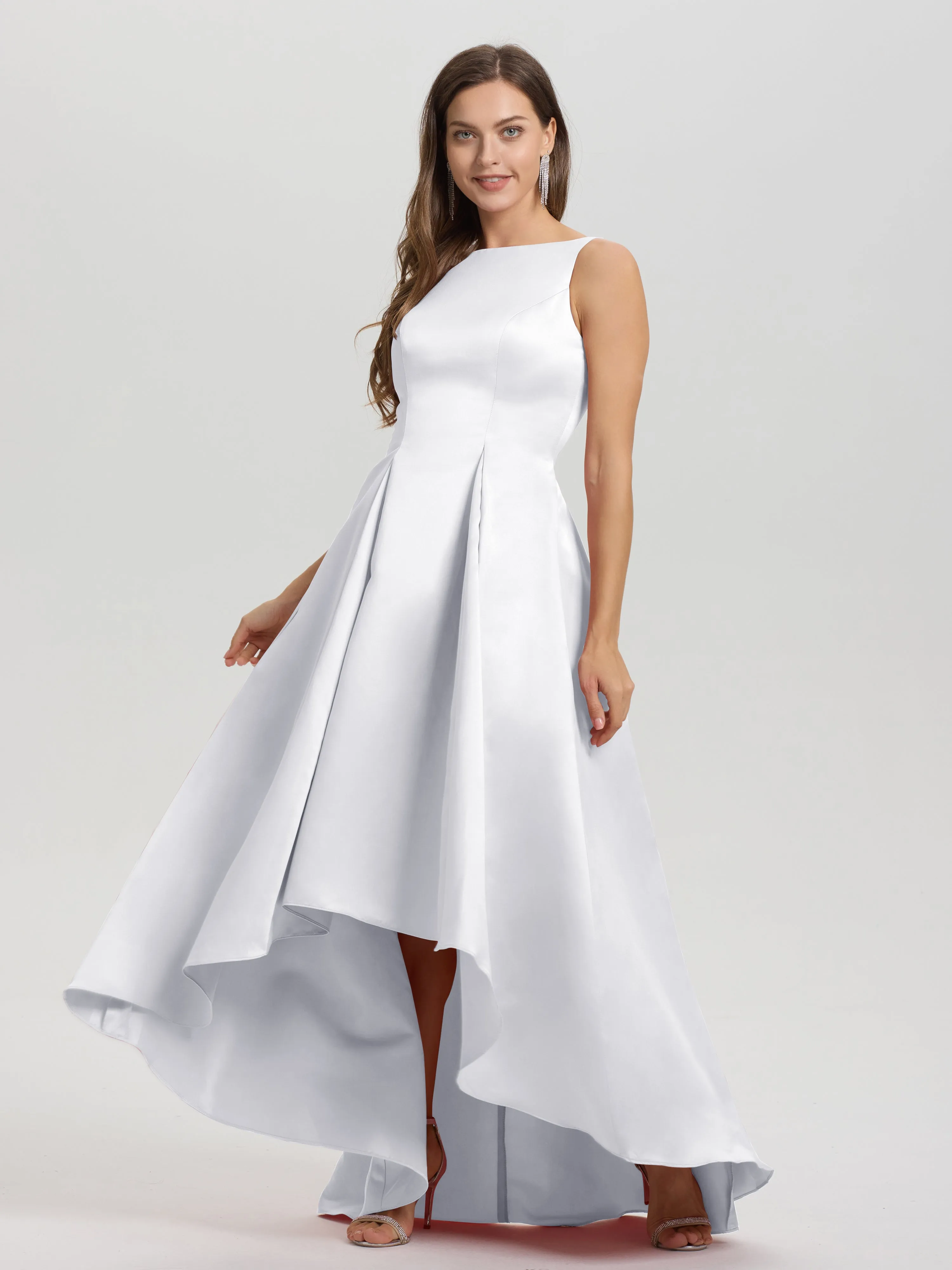 Jewel Sleeveless V-Back Long Satin Bridesmaid Dresses