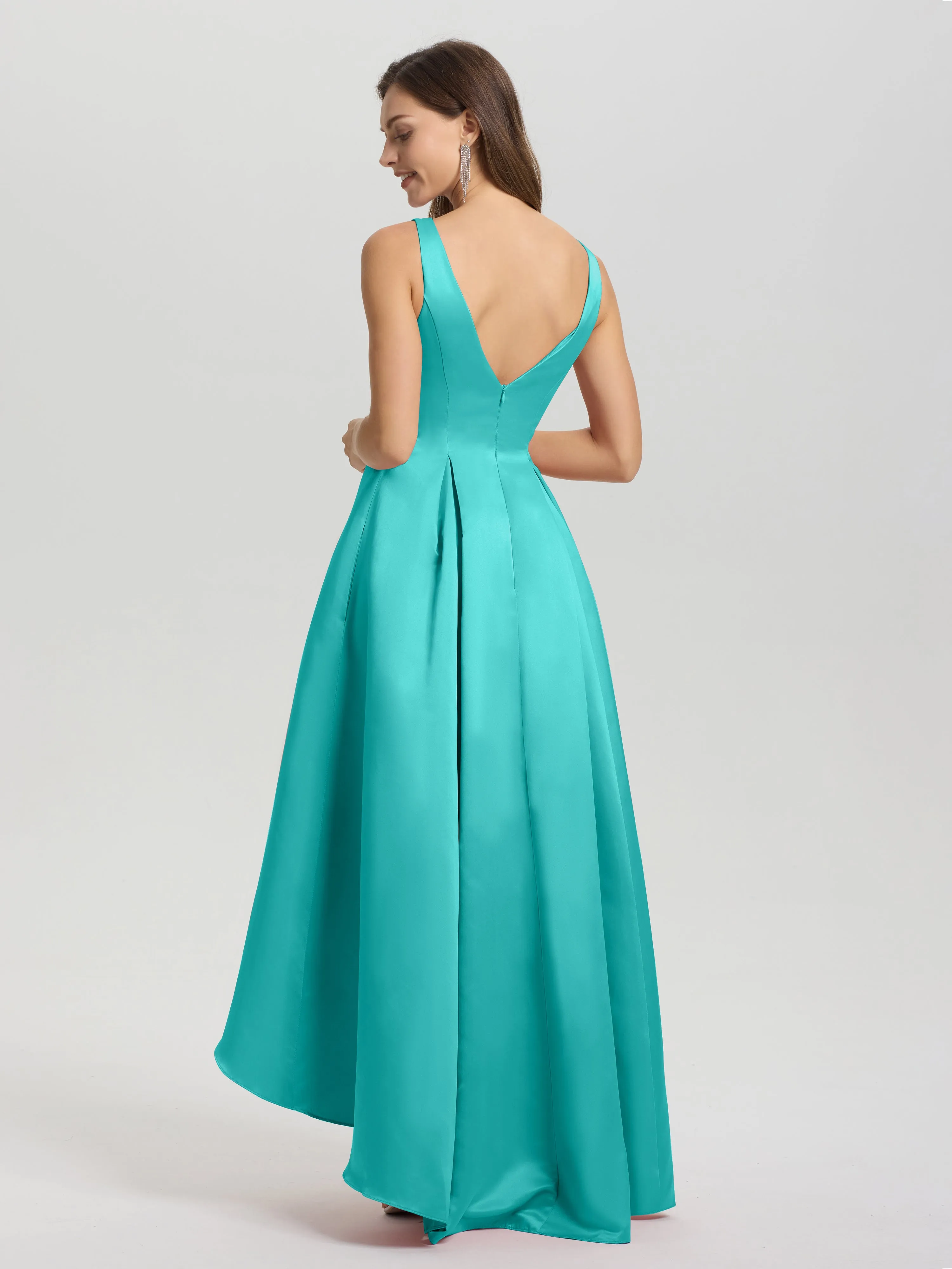 Jewel Sleeveless V-Back Long Satin Bridesmaid Dresses