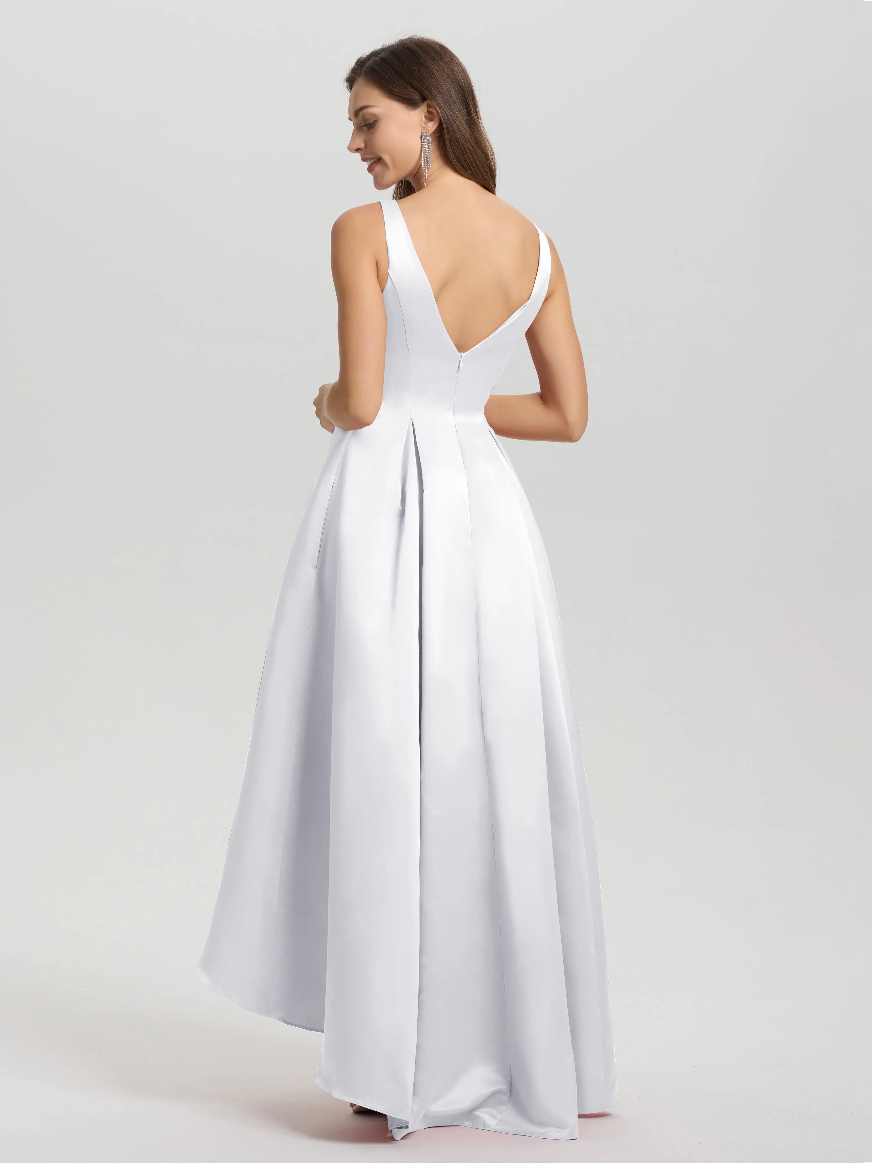 Jewel Sleeveless V-Back Long Satin Bridesmaid Dresses