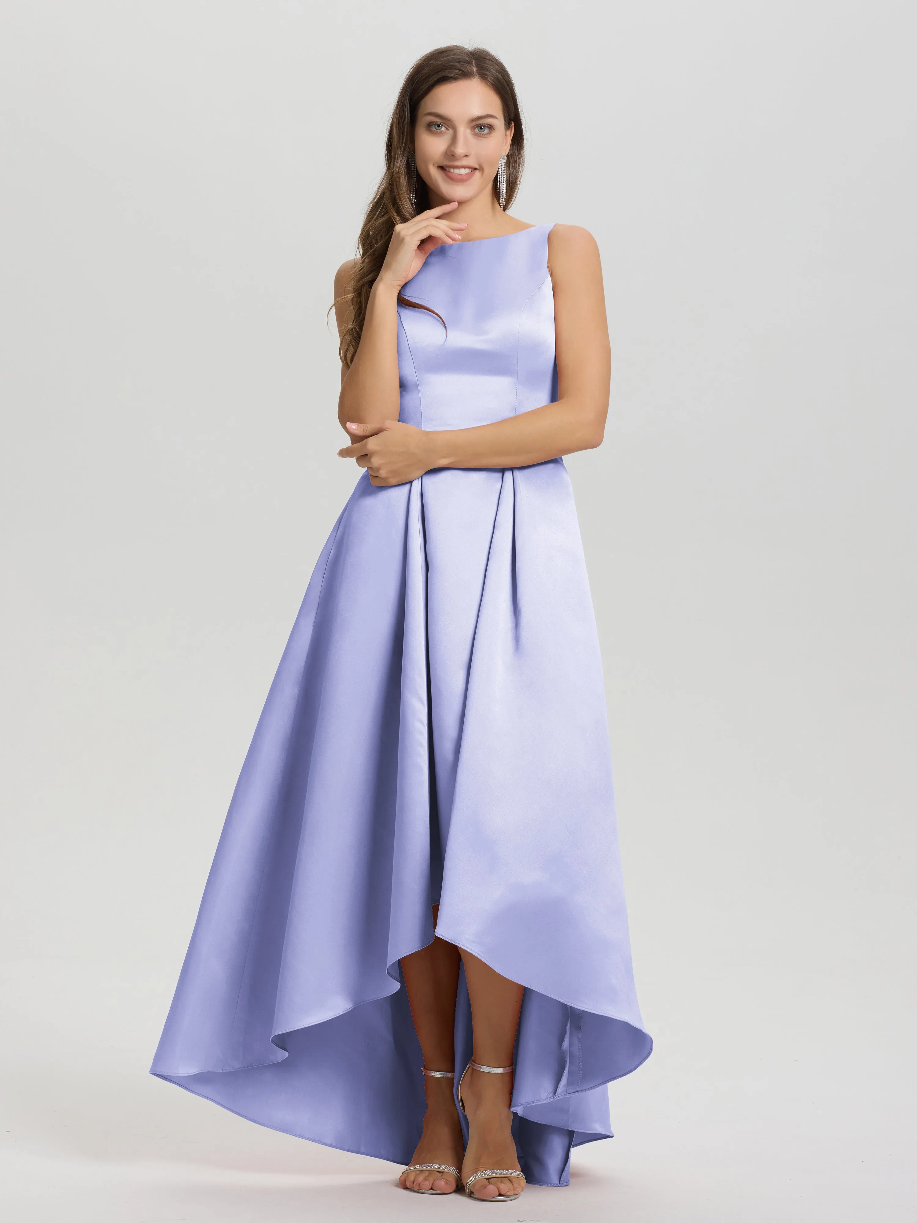 Jewel Sleeveless V-Back Long Satin Bridesmaid Dresses
