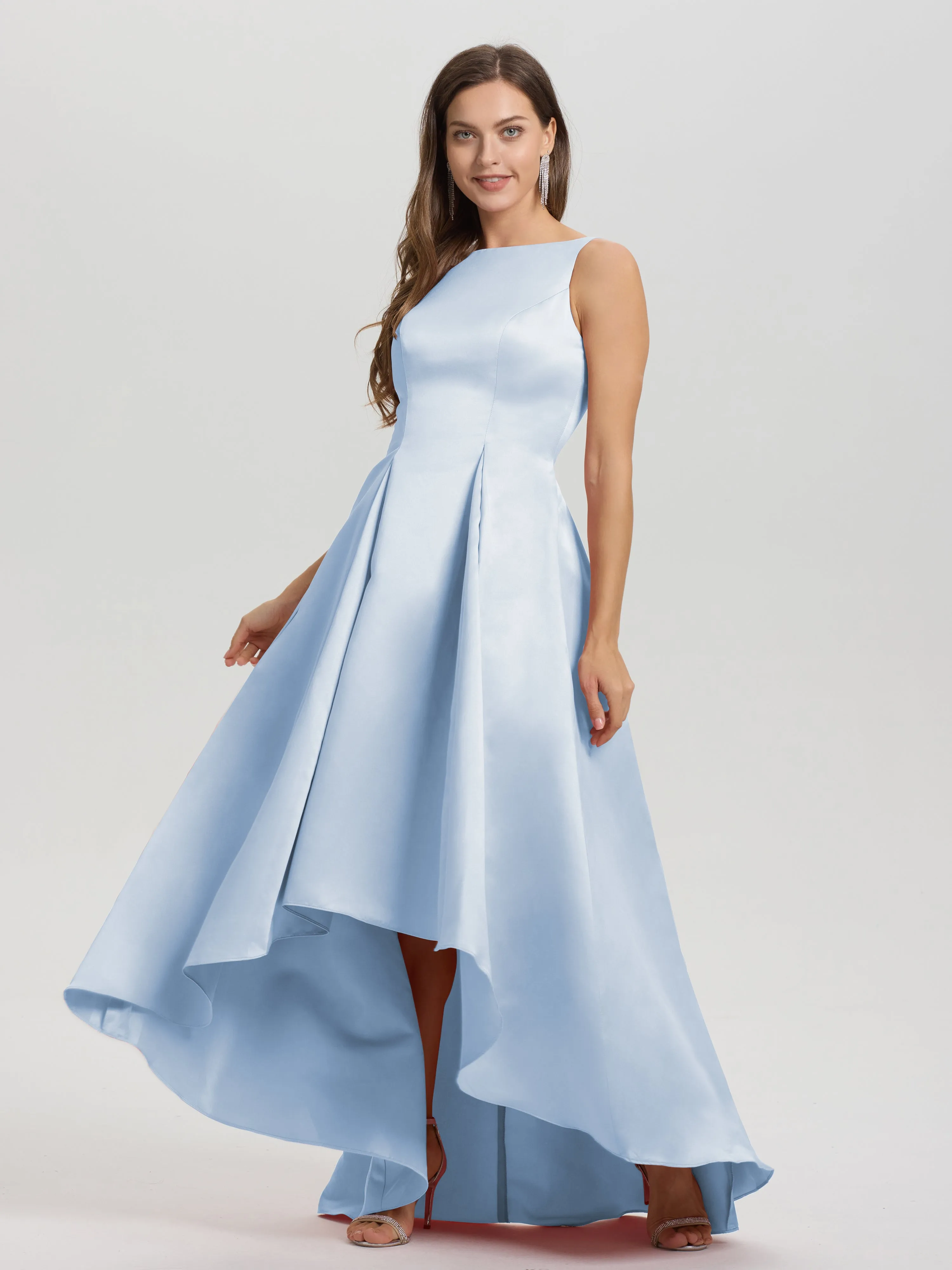 Jewel Sleeveless V-Back Long Satin Bridesmaid Dresses