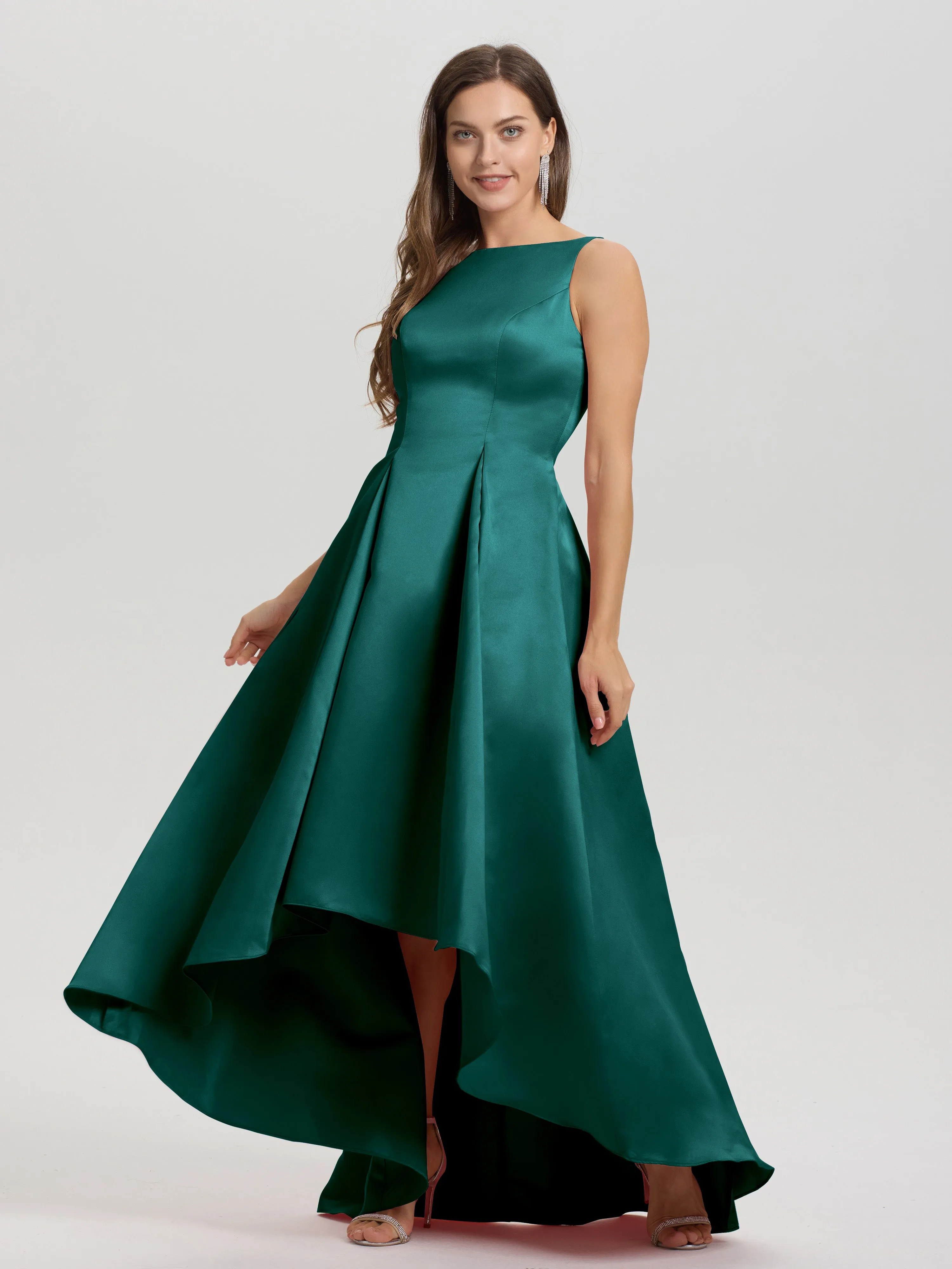 Jewel Sleeveless V-Back Long Satin Bridesmaid Dresses