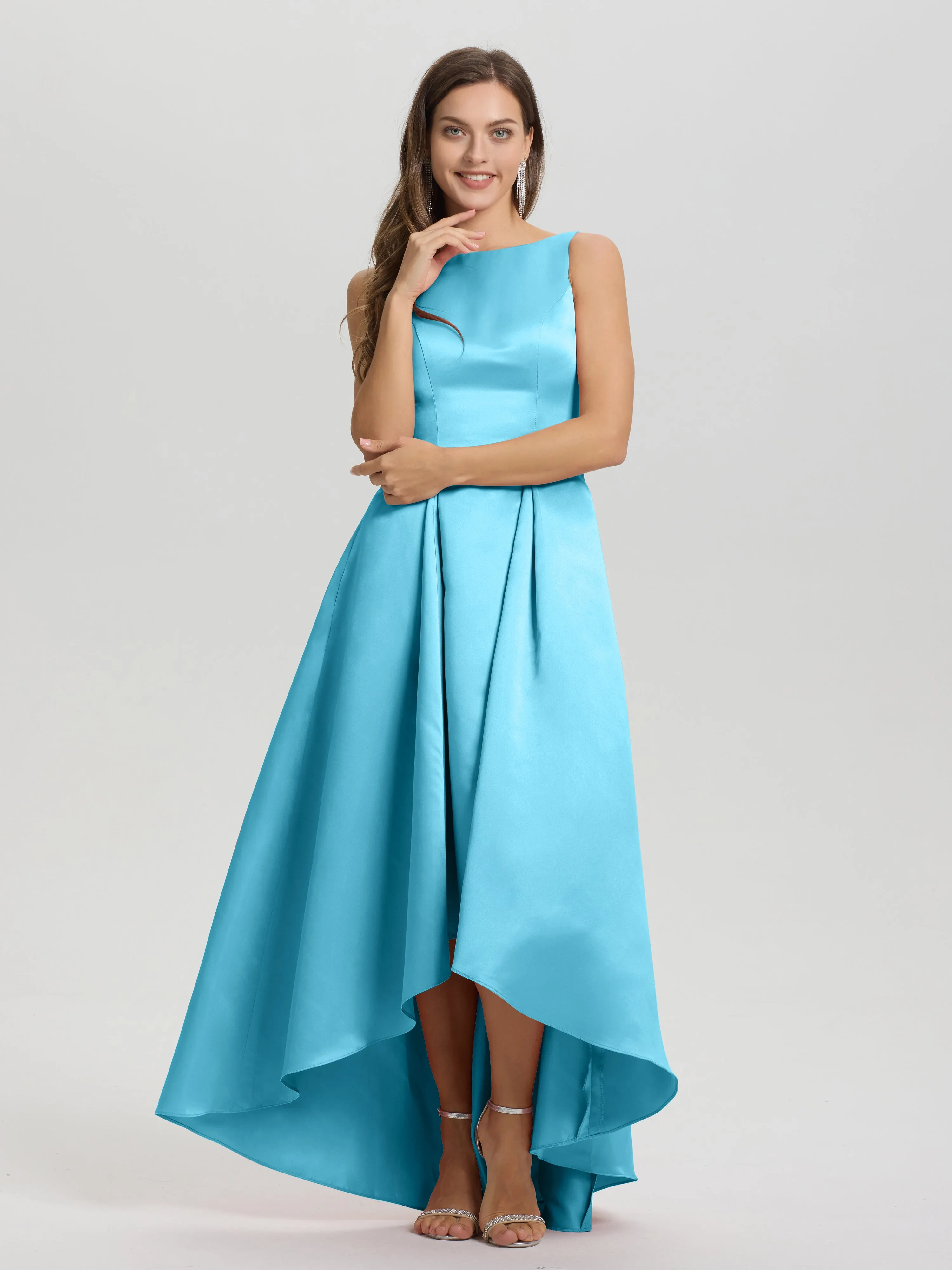 Jewel Sleeveless V-Back Long Satin Bridesmaid Dresses
