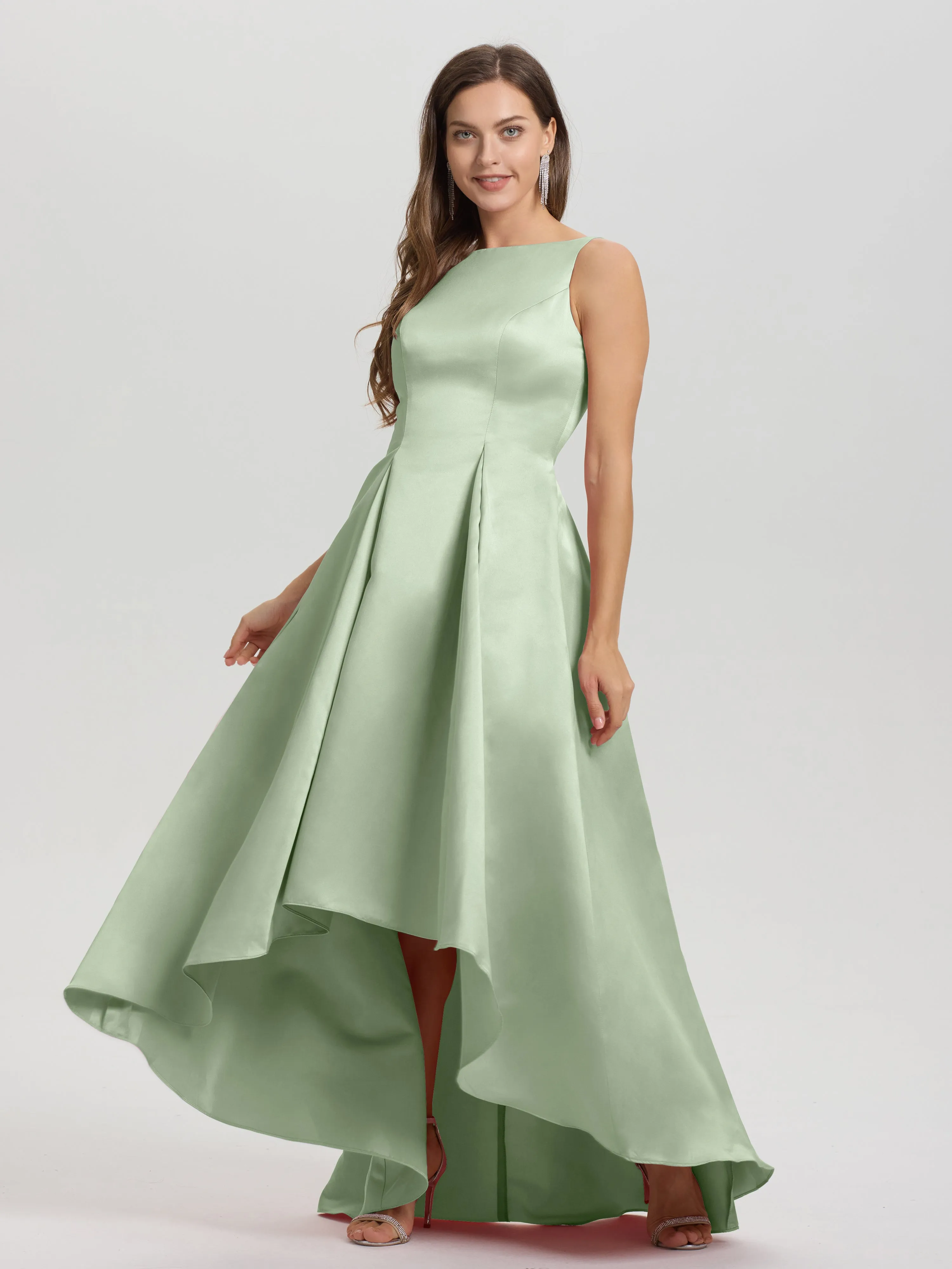 Jewel Sleeveless V-Back Long Satin Bridesmaid Dresses