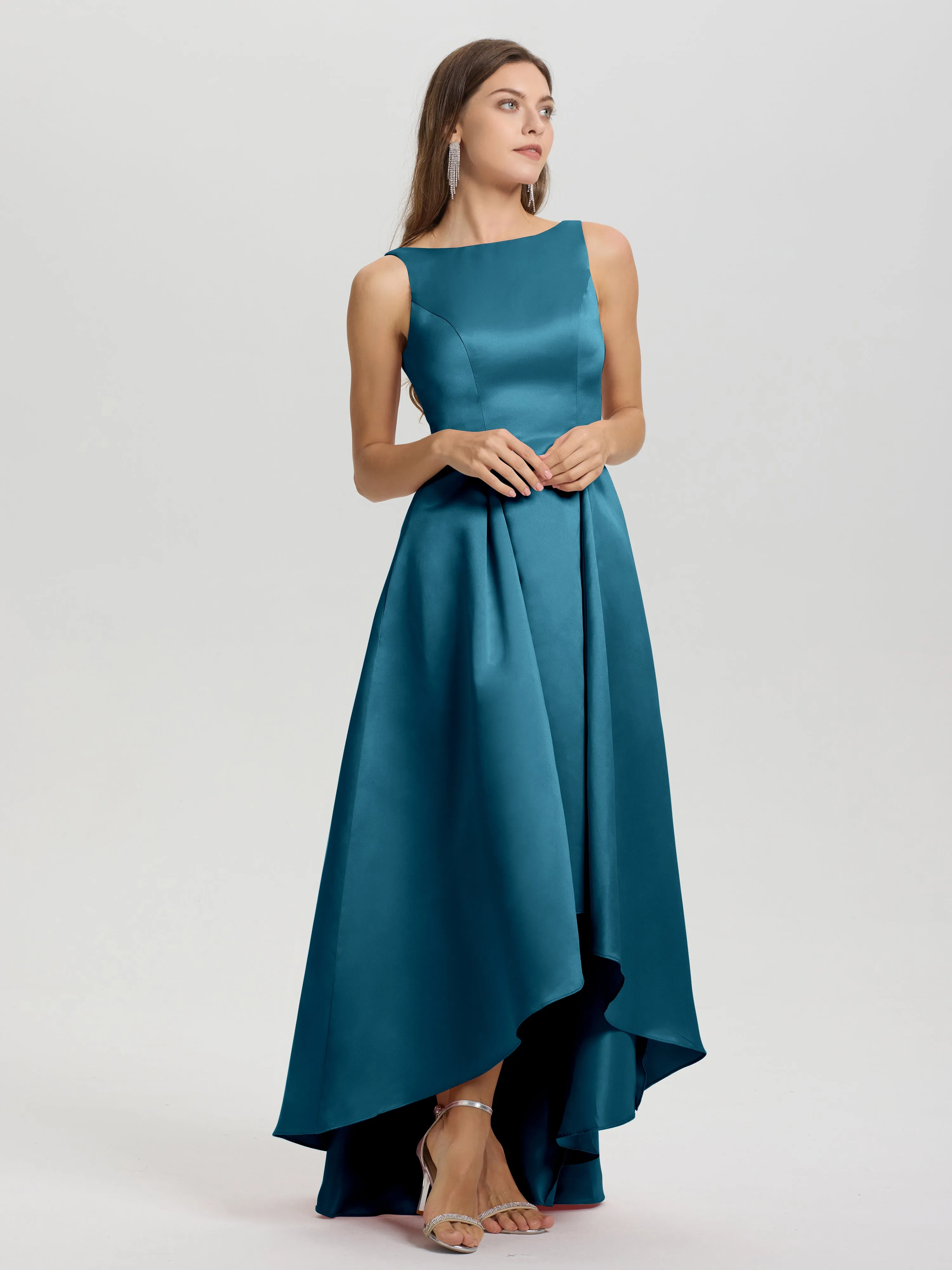 Jewel Sleeveless V-Back Long Satin Bridesmaid Dresses