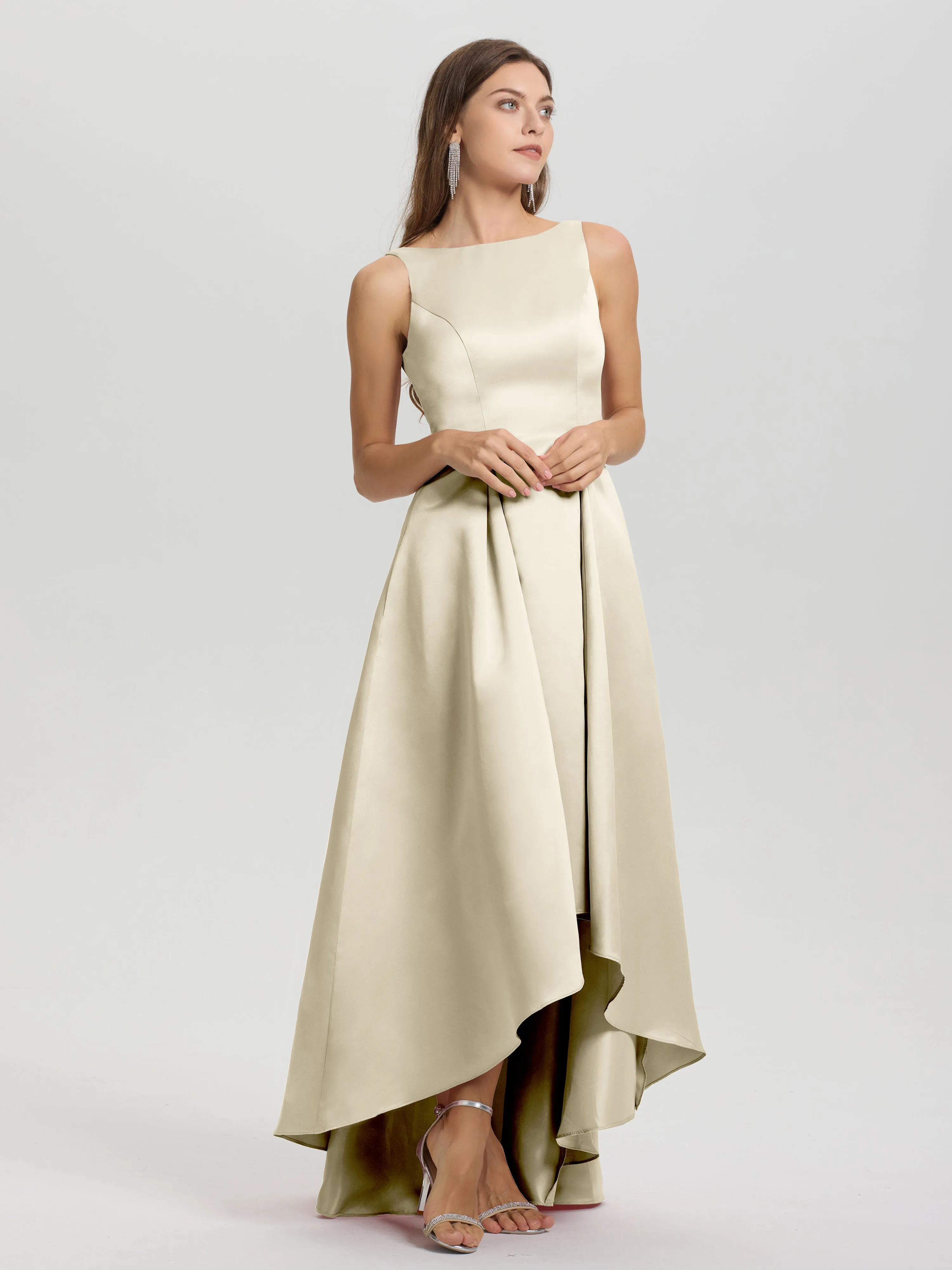 Jewel Sleeveless V-Back Long Satin Bridesmaid Dresses