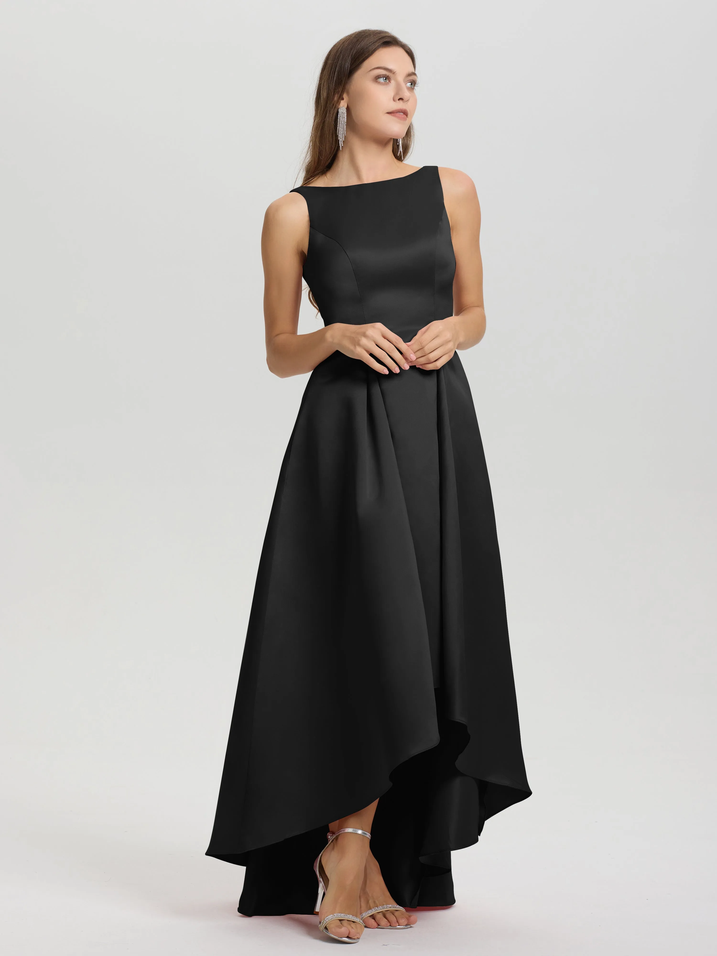 Jewel Sleeveless V-Back Long Satin Bridesmaid Dresses