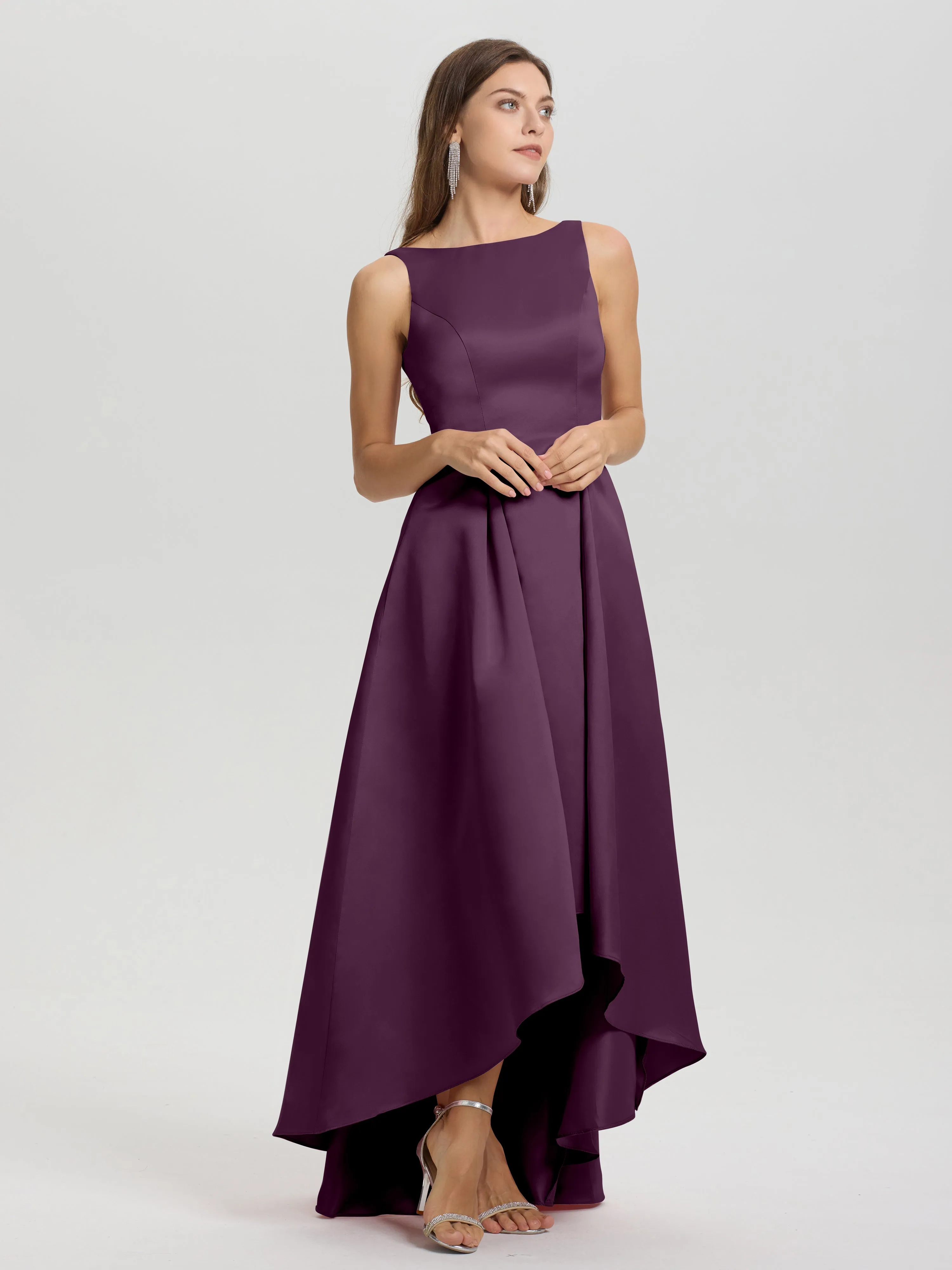 Jewel Sleeveless V-Back Long Satin Bridesmaid Dresses