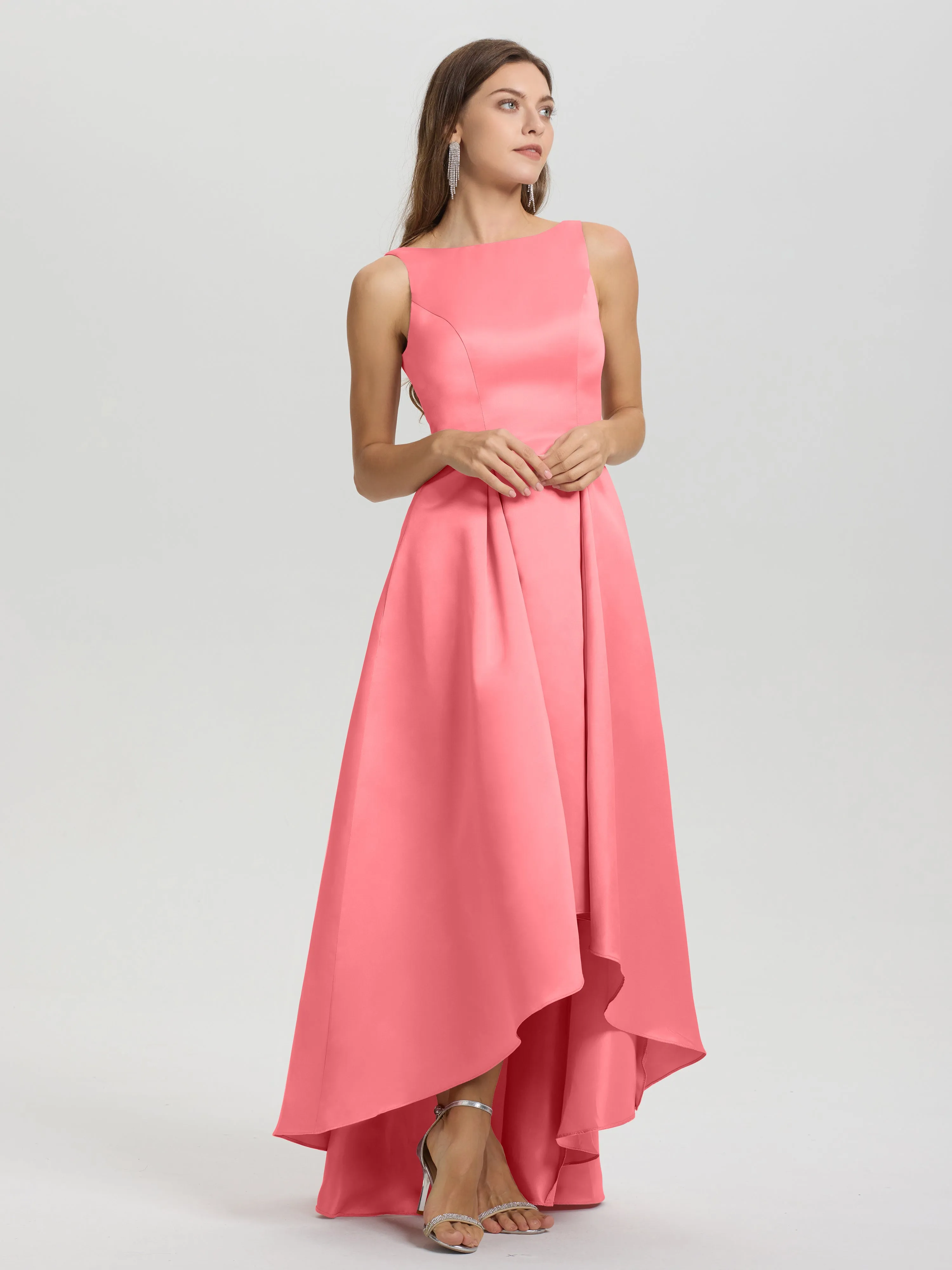 Jewel Sleeveless V-Back Long Satin Bridesmaid Dresses