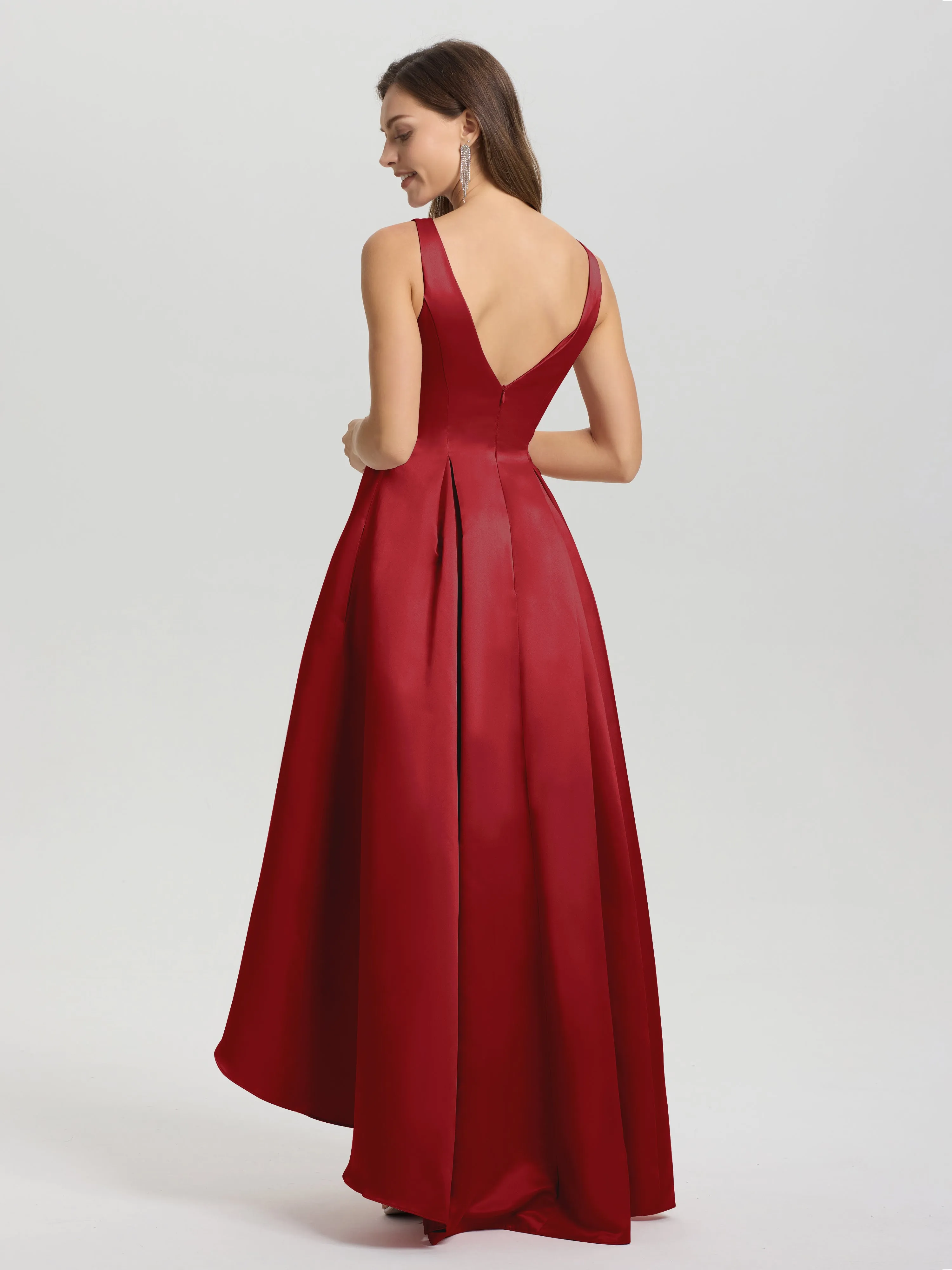 Jewel Sleeveless V-Back Long Satin Bridesmaid Dresses
