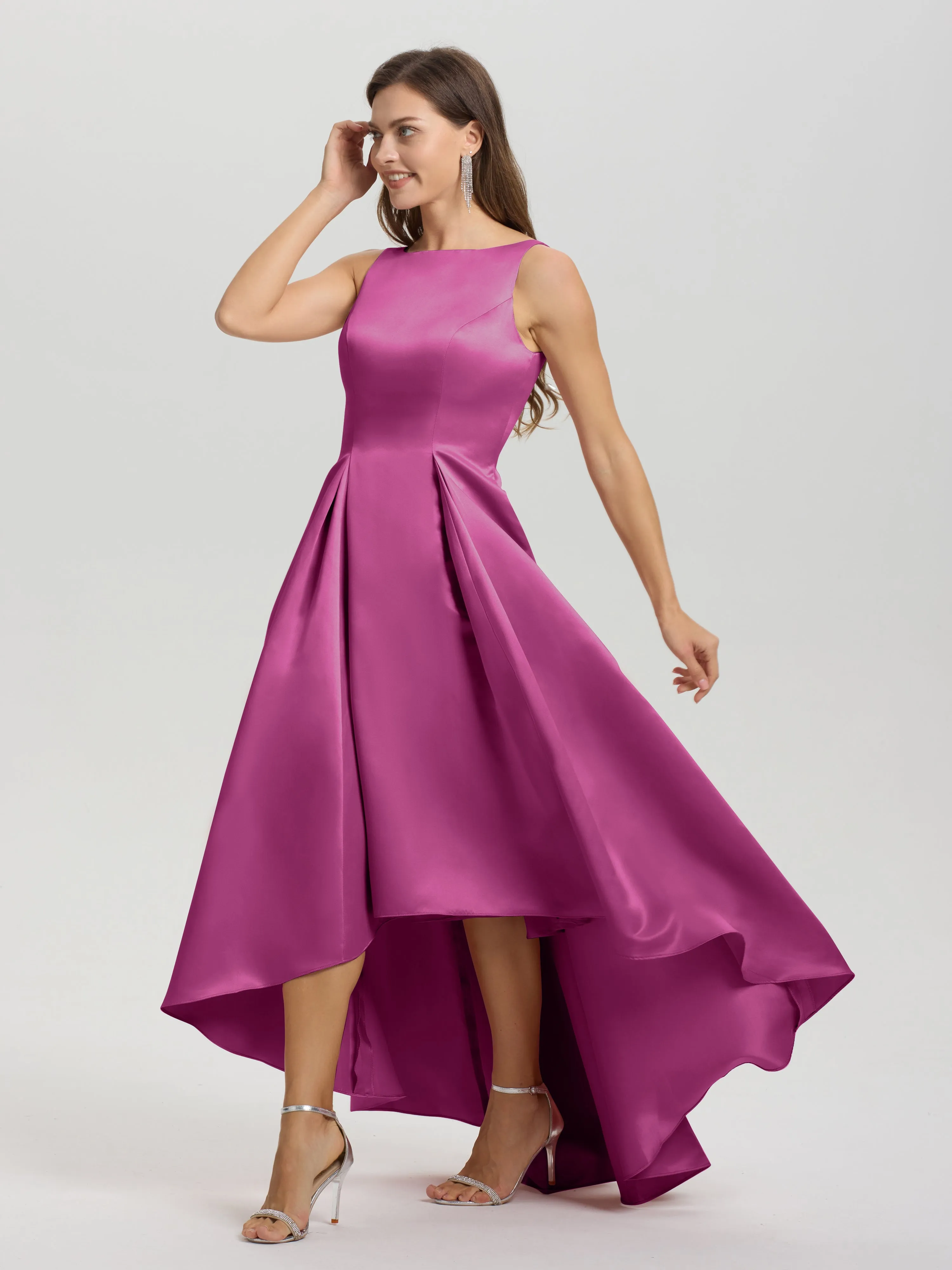 Jewel Sleeveless V-Back Long Satin Bridesmaid Dresses