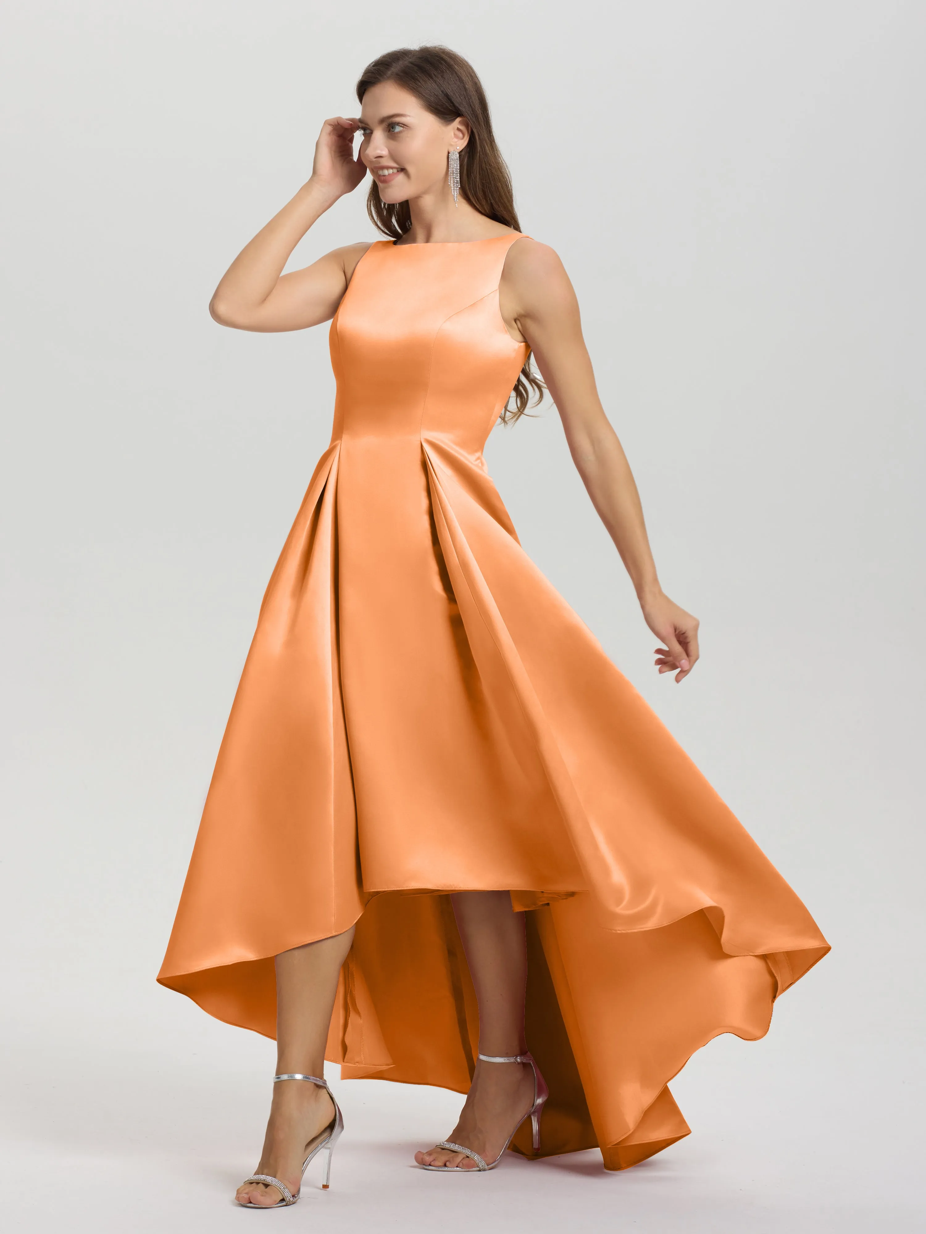 Jewel Sleeveless V-Back Long Satin Bridesmaid Dresses