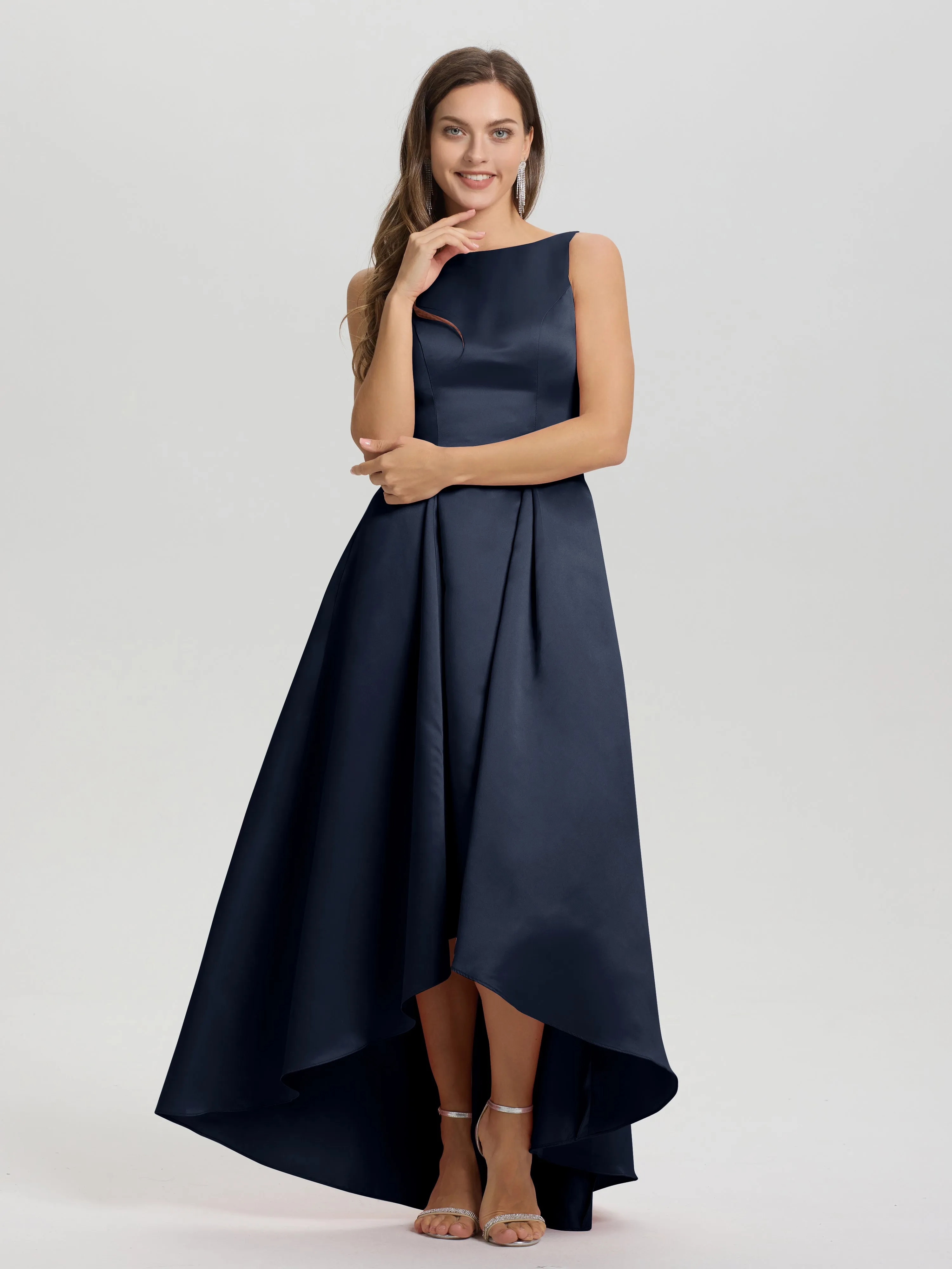Jewel Sleeveless V-Back Long Satin Bridesmaid Dresses