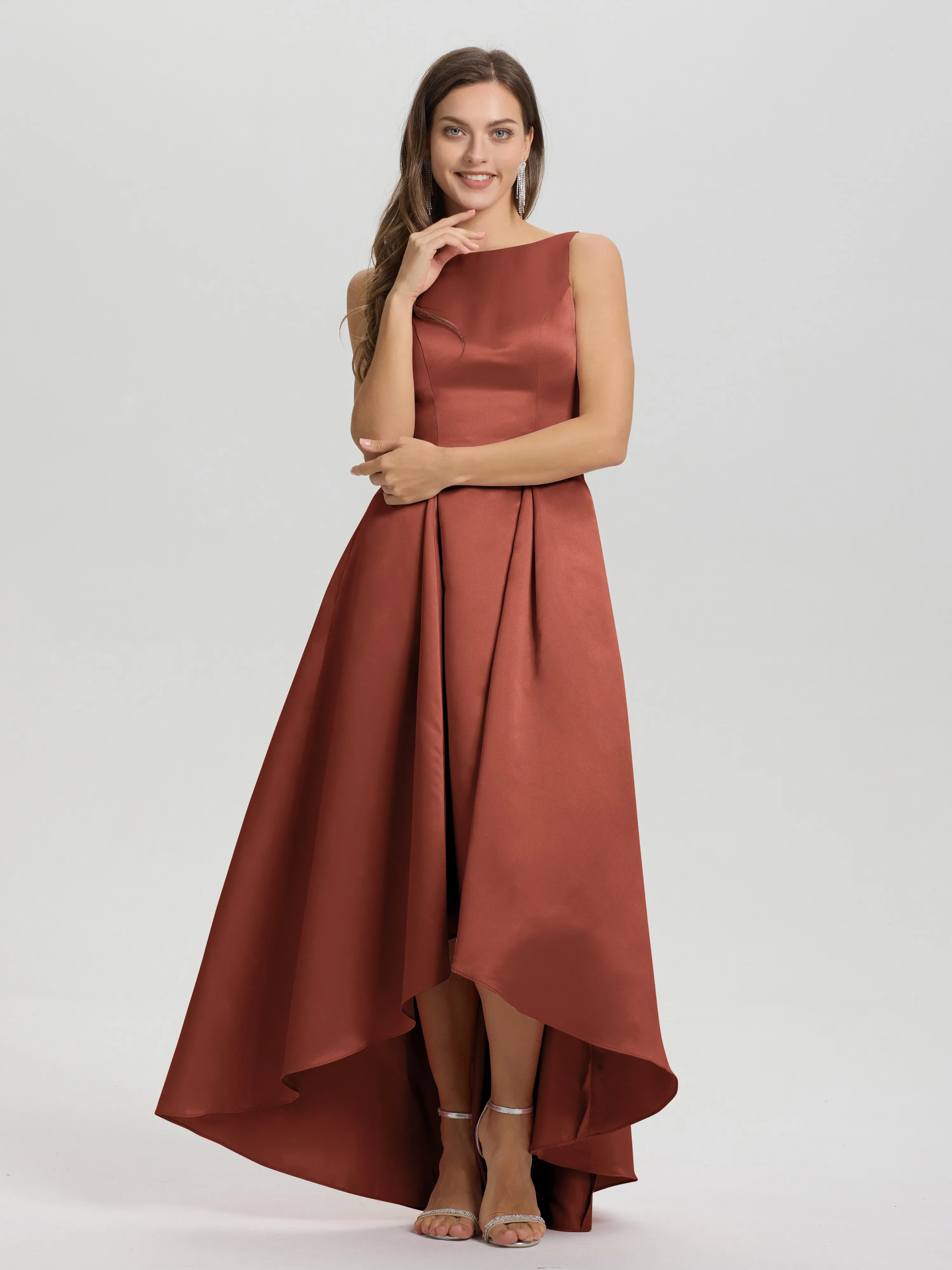 Jewel Sleeveless V-Back Long Satin Bridesmaid Dresses