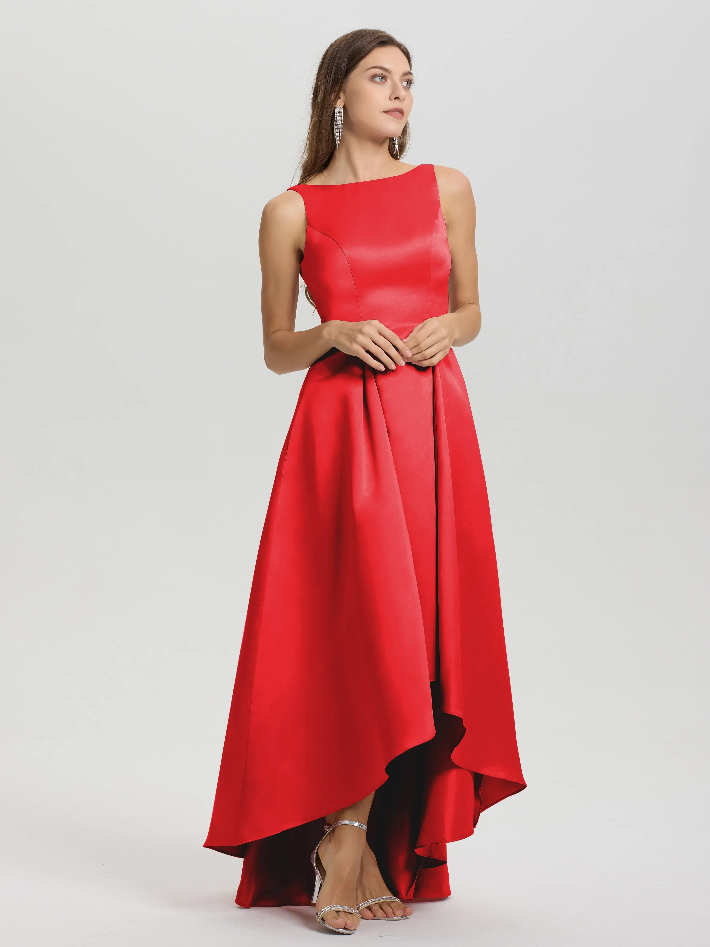 Jewel Sleeveless V-Back Long Satin Bridesmaid Dresses
