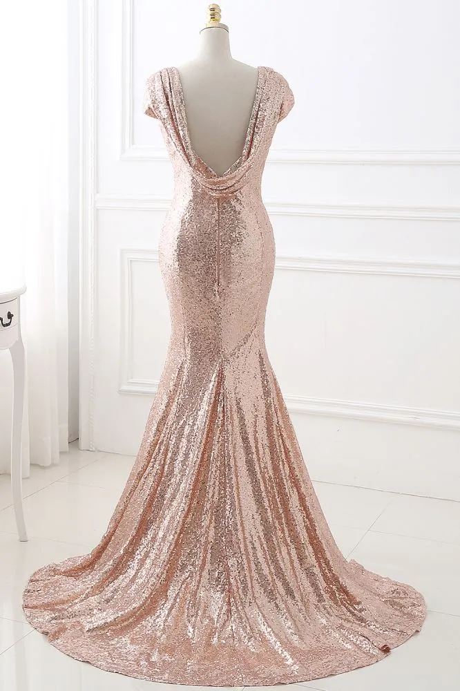 kamahe COURTNEY Fit and Flare Sweep train Sequined Rosy Golden Prom Party Gowns