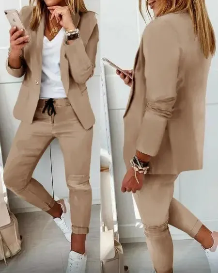 Lapel Neck Blazer & Drawstring Pants Combo