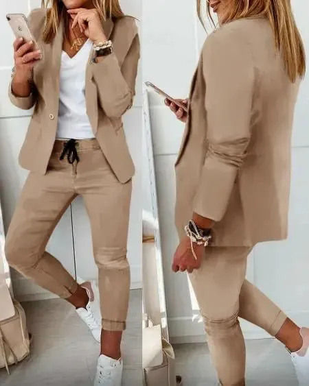 Lapel Neck Blazer & Drawstring Pants Combo