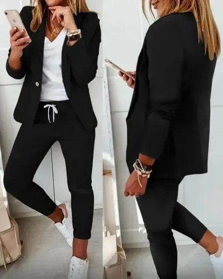 Lapel Neck Blazer & Drawstring Pants Combo