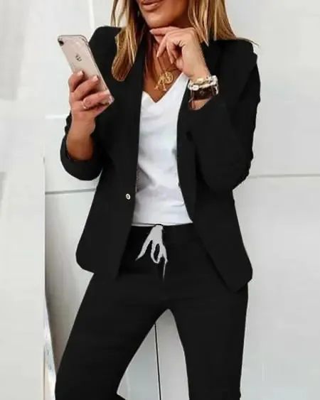 Lapel Neck Blazer & Drawstring Pants Combo