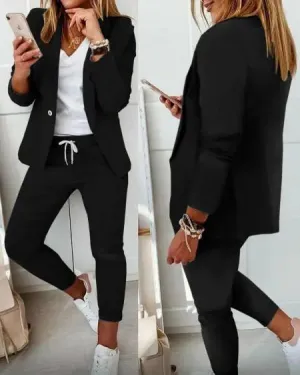 Lapel Neck Blazer & Drawstring Pants Combo