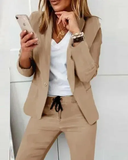 Lapel Neck Blazer & Drawstring Pants Combo