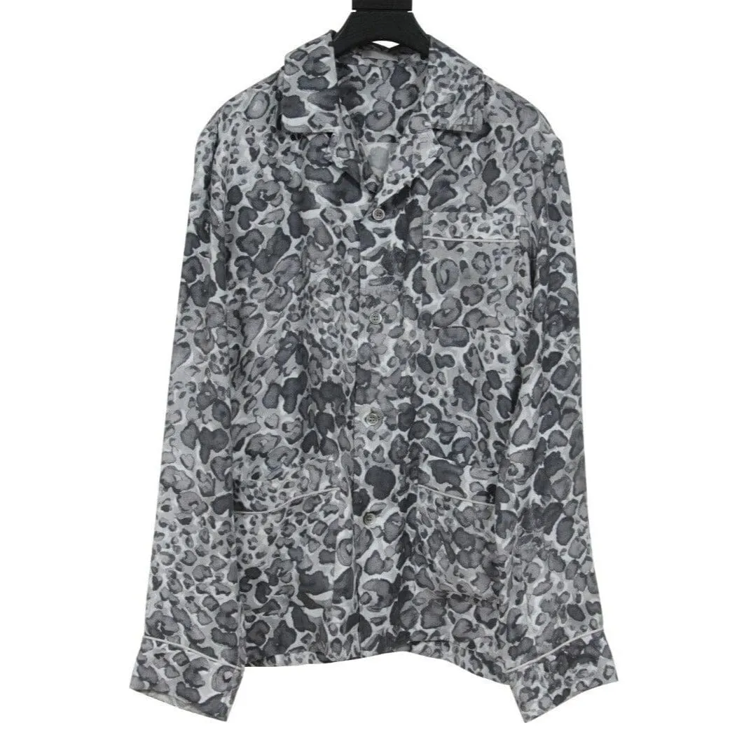 Leopard Cheetah Print Pajama Shirt Gray Silk Logo Button Down