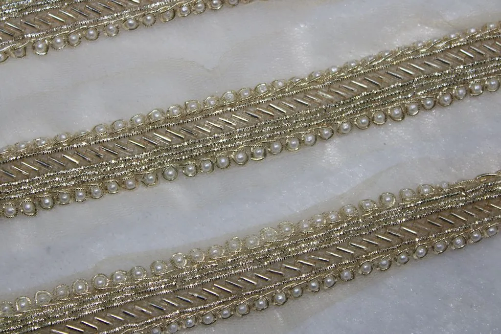 Light Golden White Pearls and Bead Work Embroidered Border