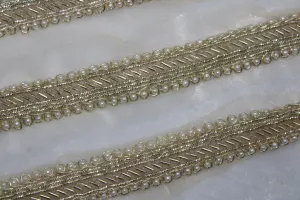 Light Golden White Pearls and Bead Work Embroidered Border