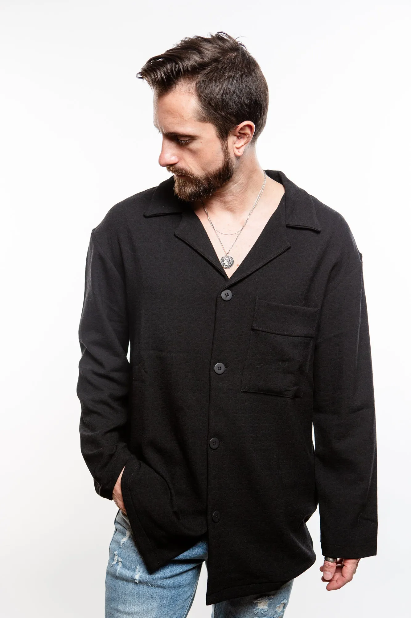Linen Blend Overshirt - Black