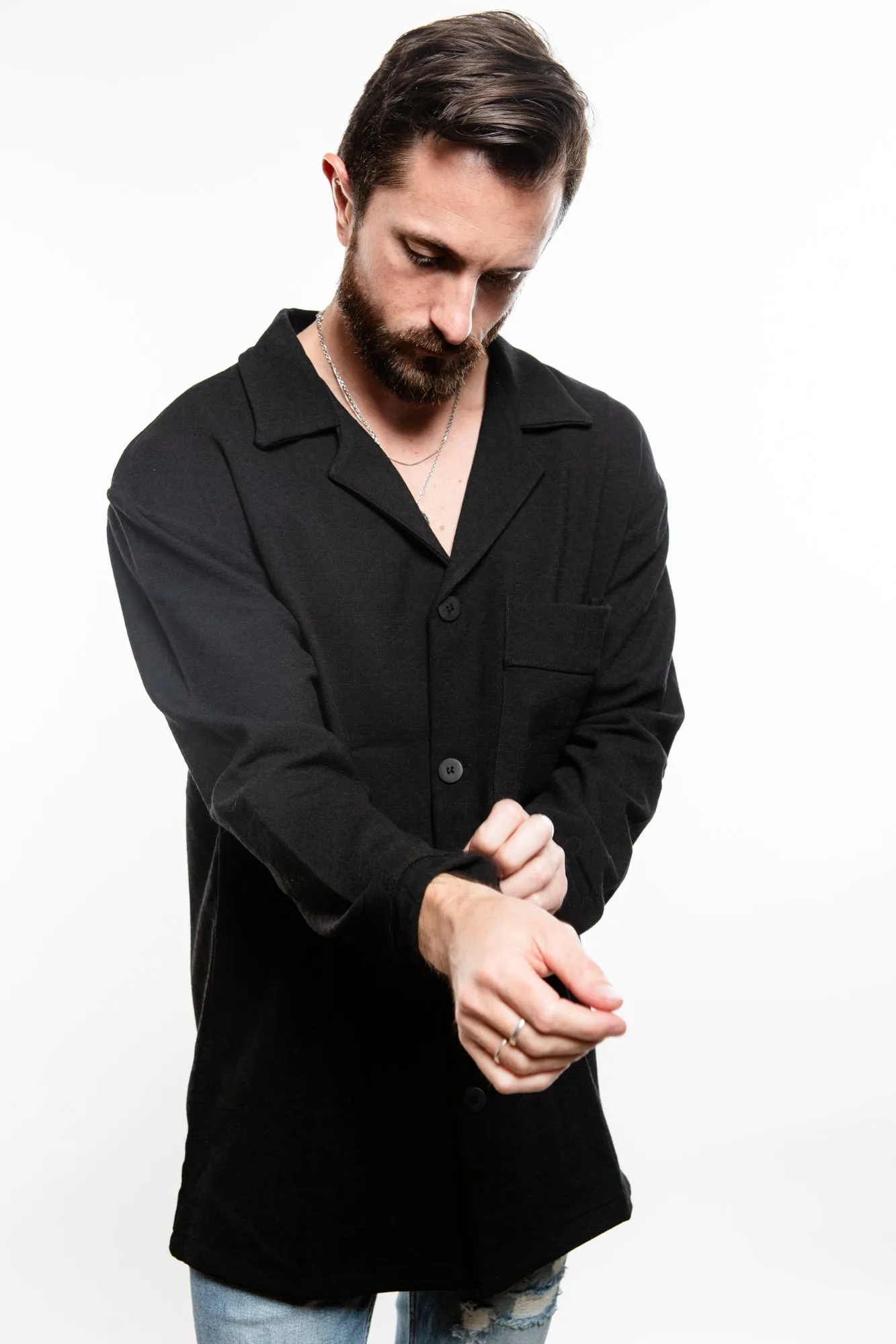 Linen Blend Overshirt - Black