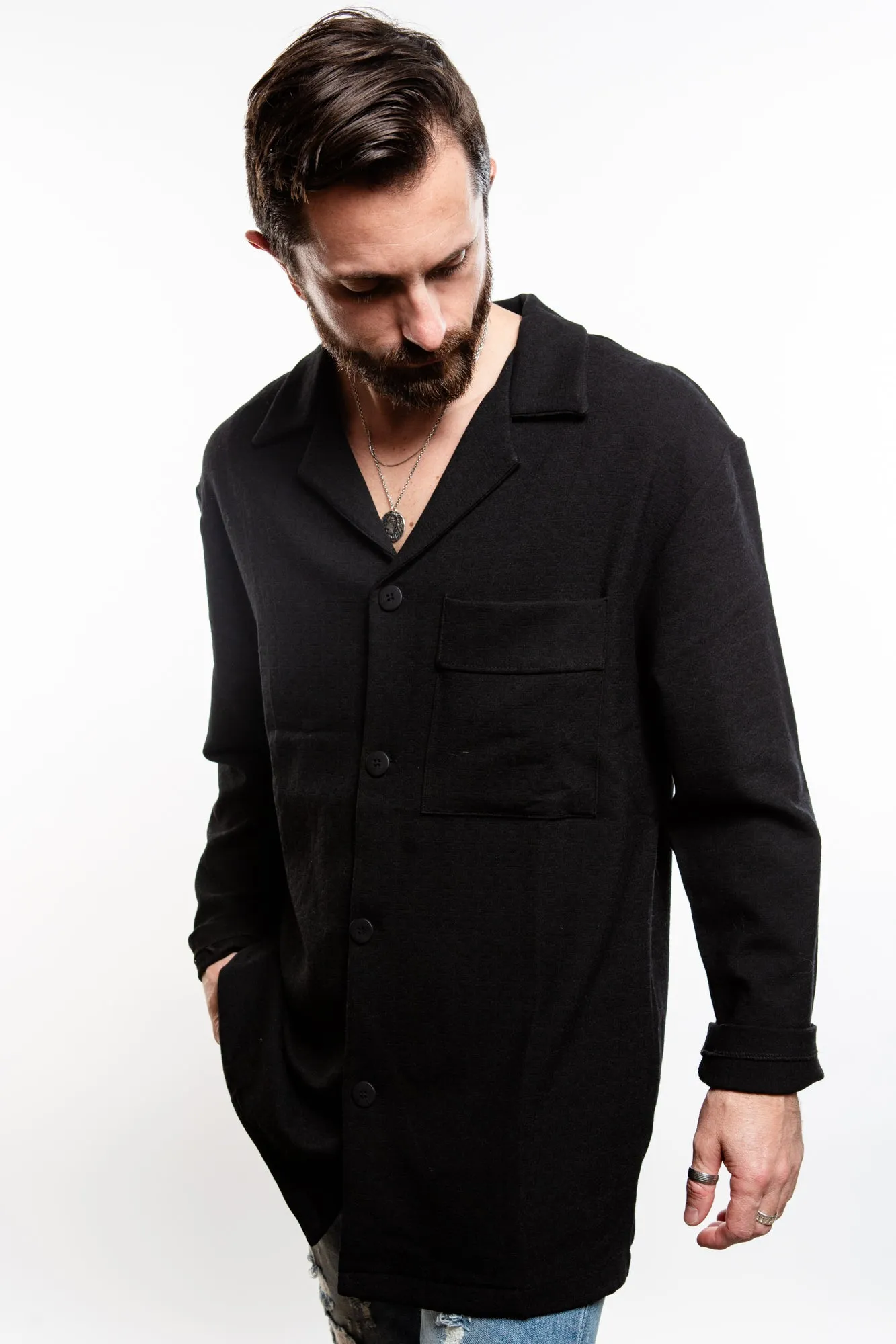 Linen Blend Overshirt - Black