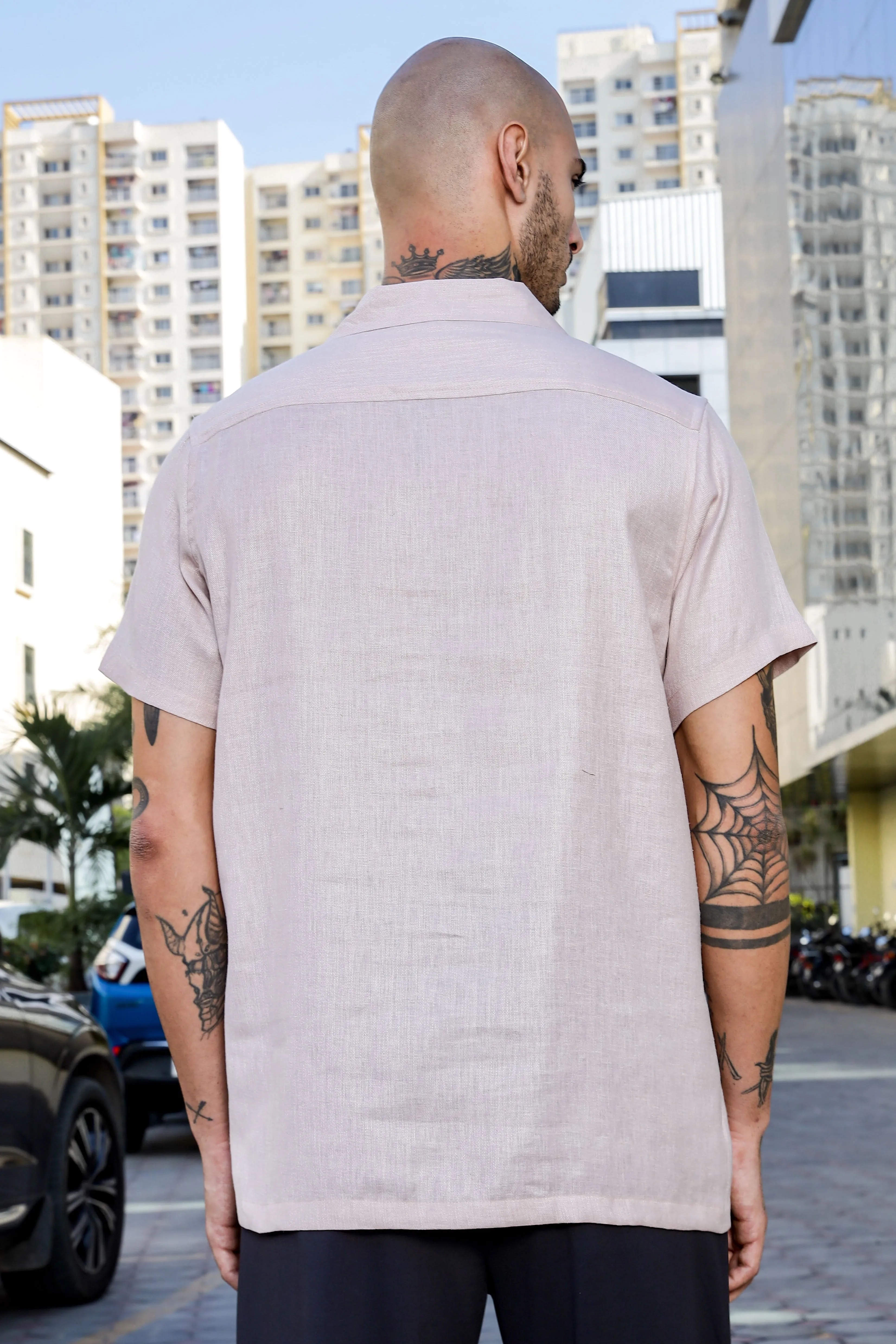 Linen Blend Pink Cuban Collar Classic Relaxed Fit  Shirt