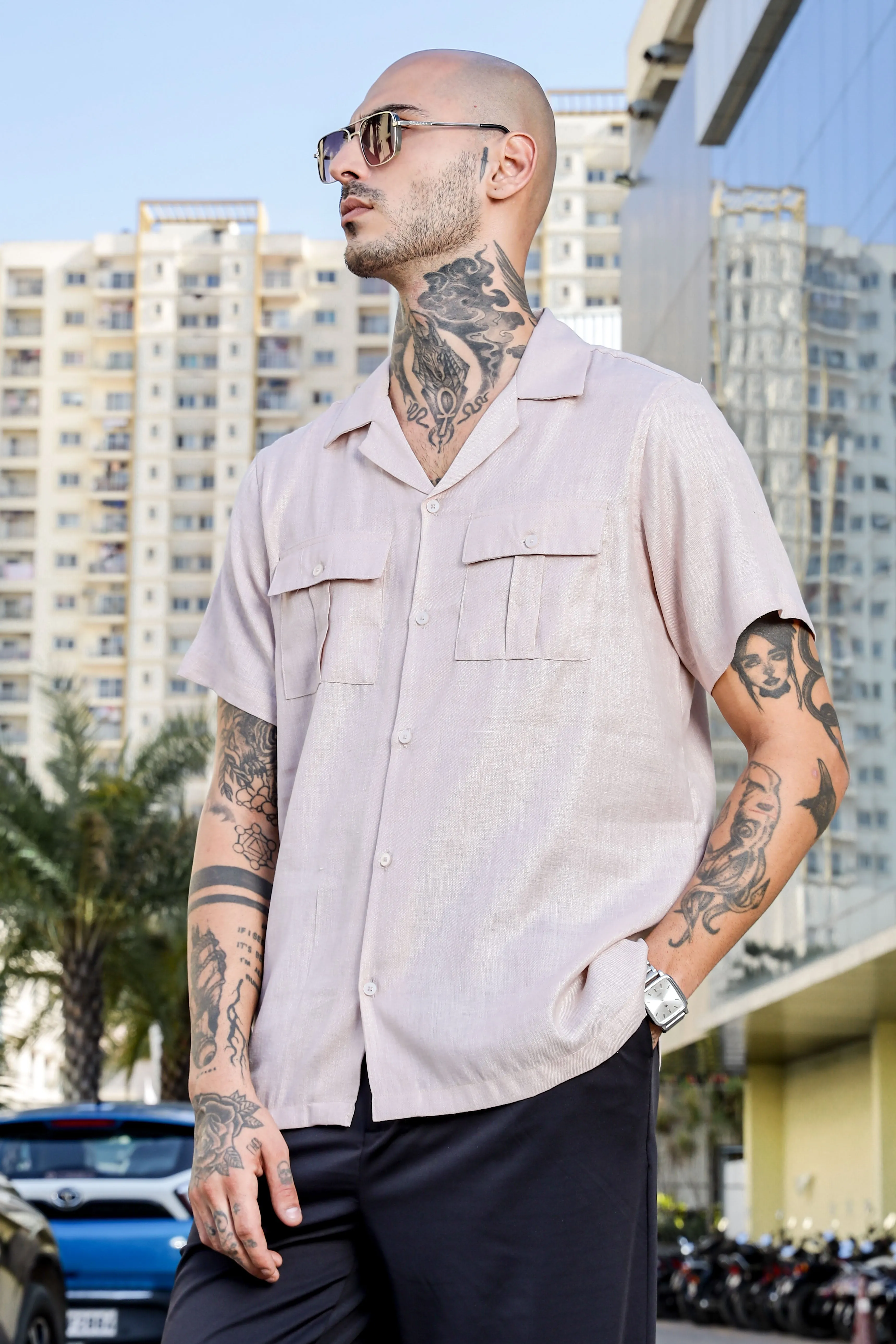 Linen Blend Pink Cuban Collar Classic Relaxed Fit  Shirt