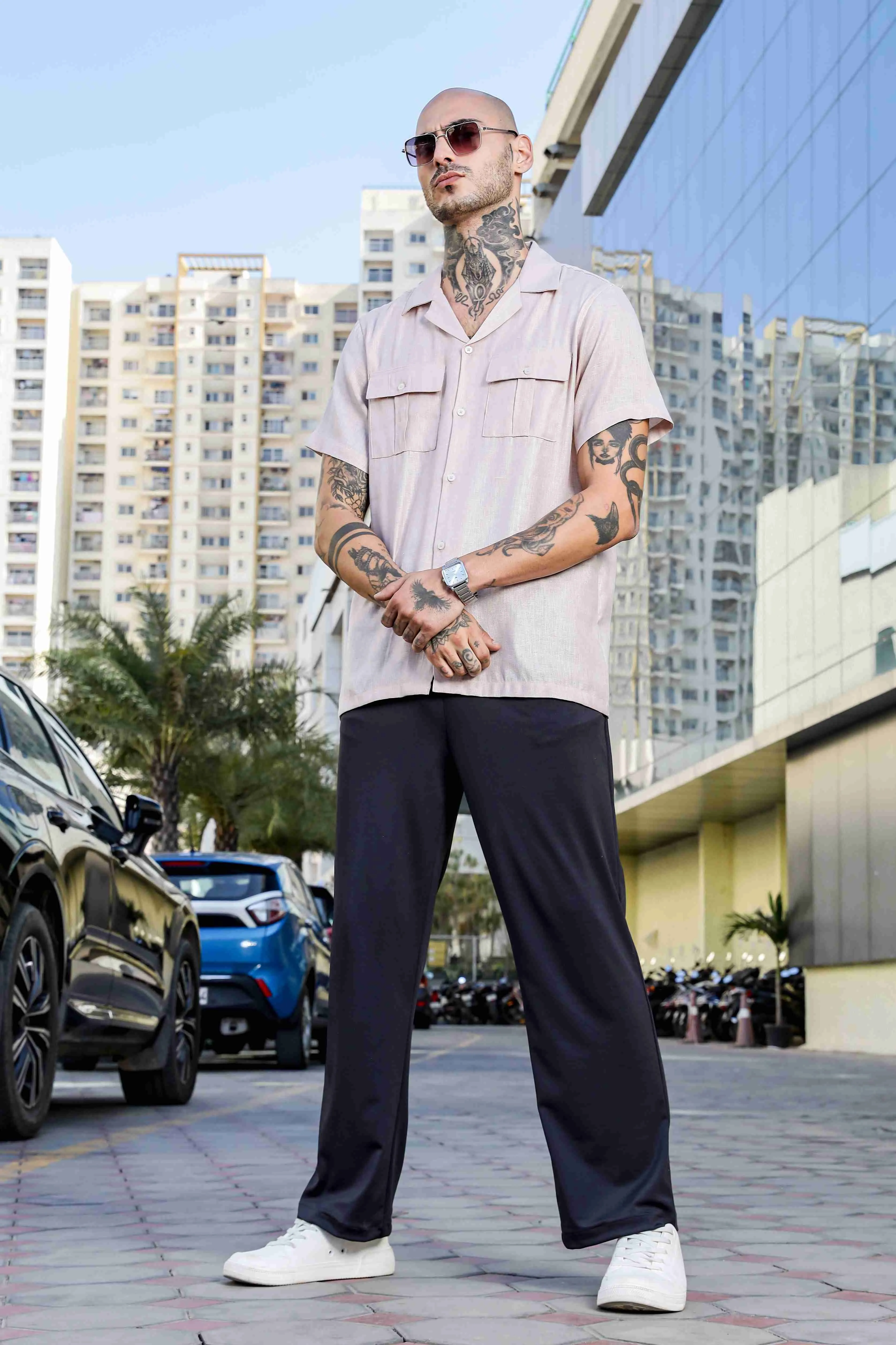 Linen Blend Pink Cuban Collar Classic Relaxed Fit  Shirt