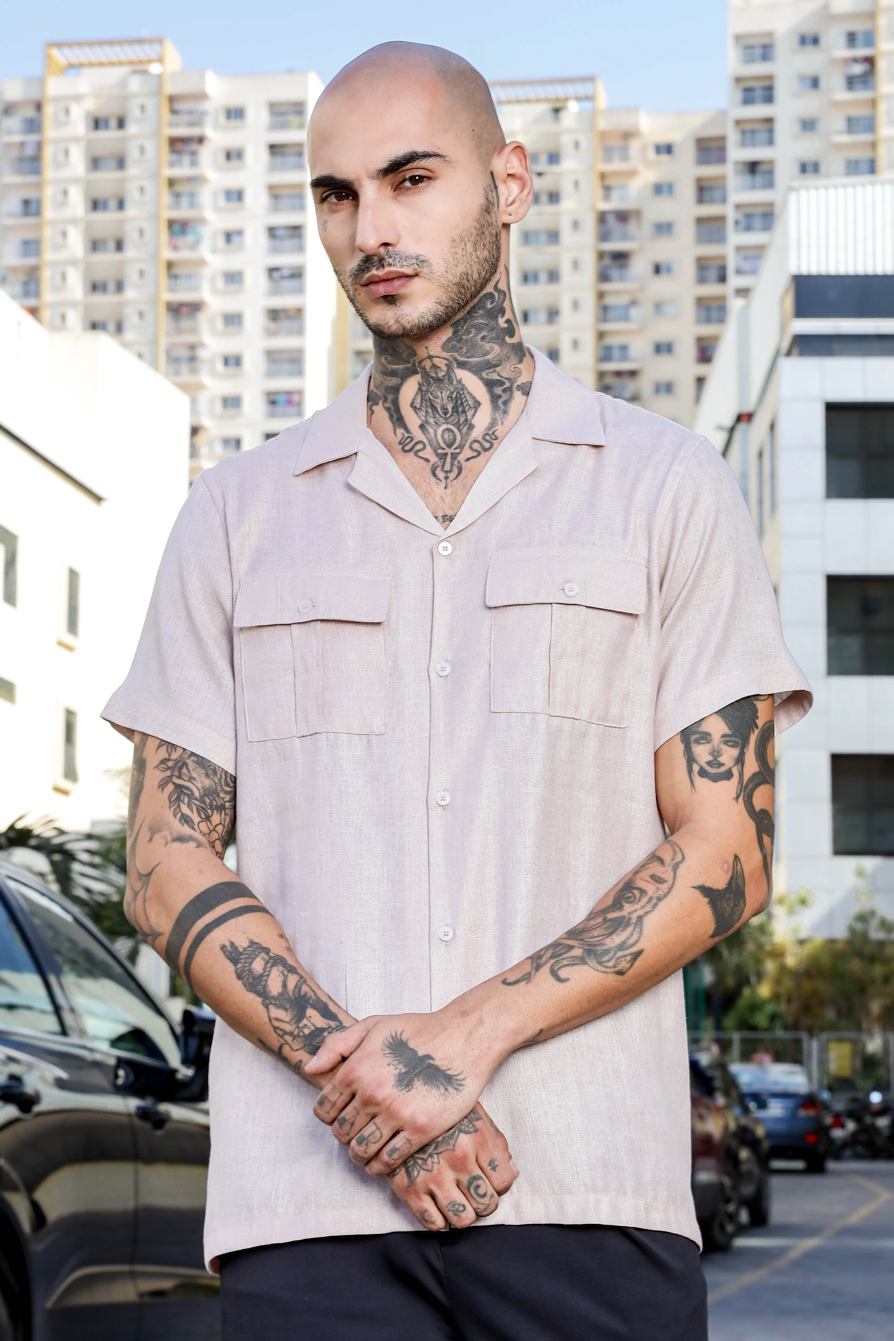 Linen Blend Pink Cuban Collar Classic Relaxed Fit  Shirt
