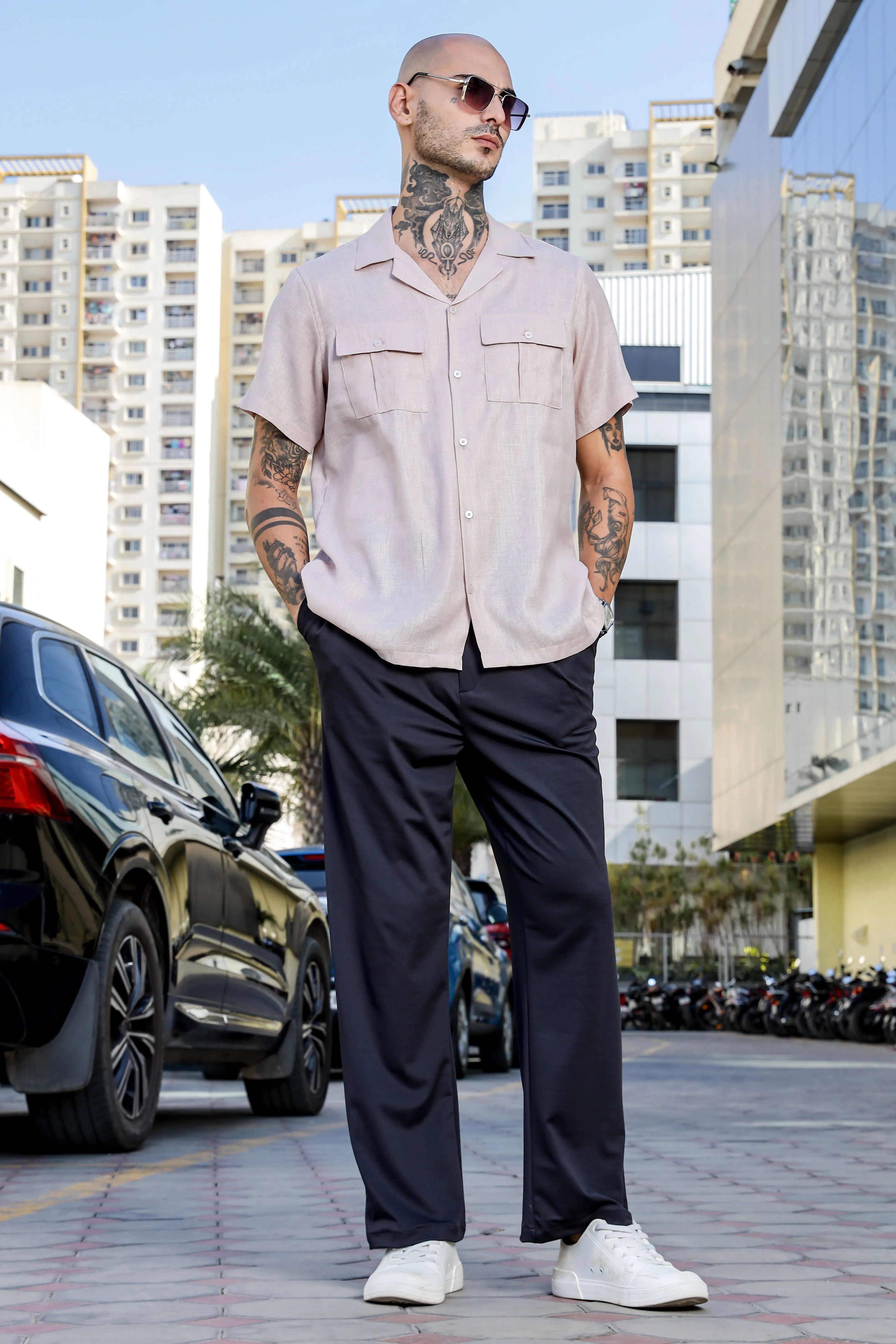 Linen Blend Pink Cuban Collar Classic Relaxed Fit  Shirt